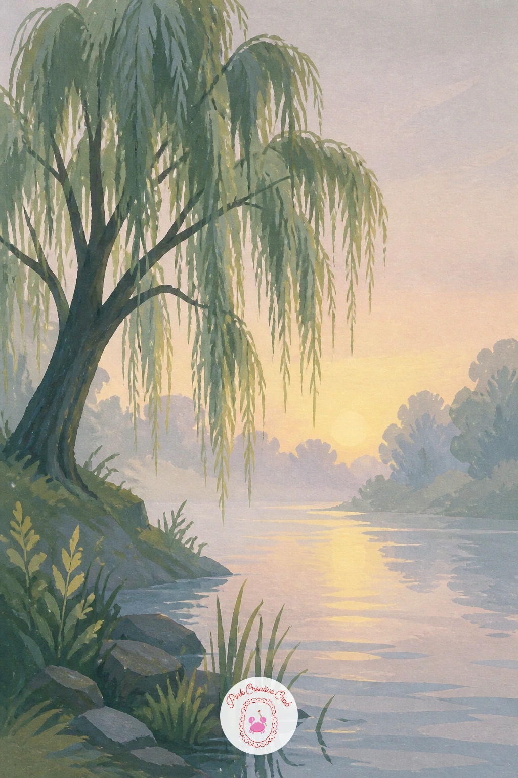 Willow on a Misty Riverbank at Dawn — Paint the willow almost fading into mist along a quiet riverbank at first light. Willow tree painting