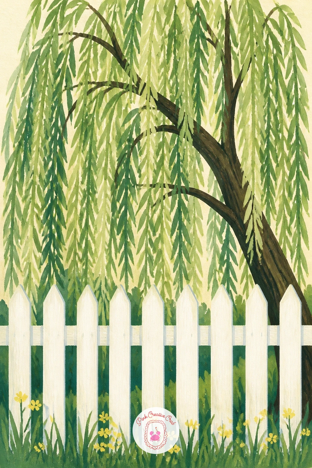 Willow Behind a White Picket Fence — Set the willow just behind a simple white picket fence, letting the fence's regular rhythm contrast with the tree's loose