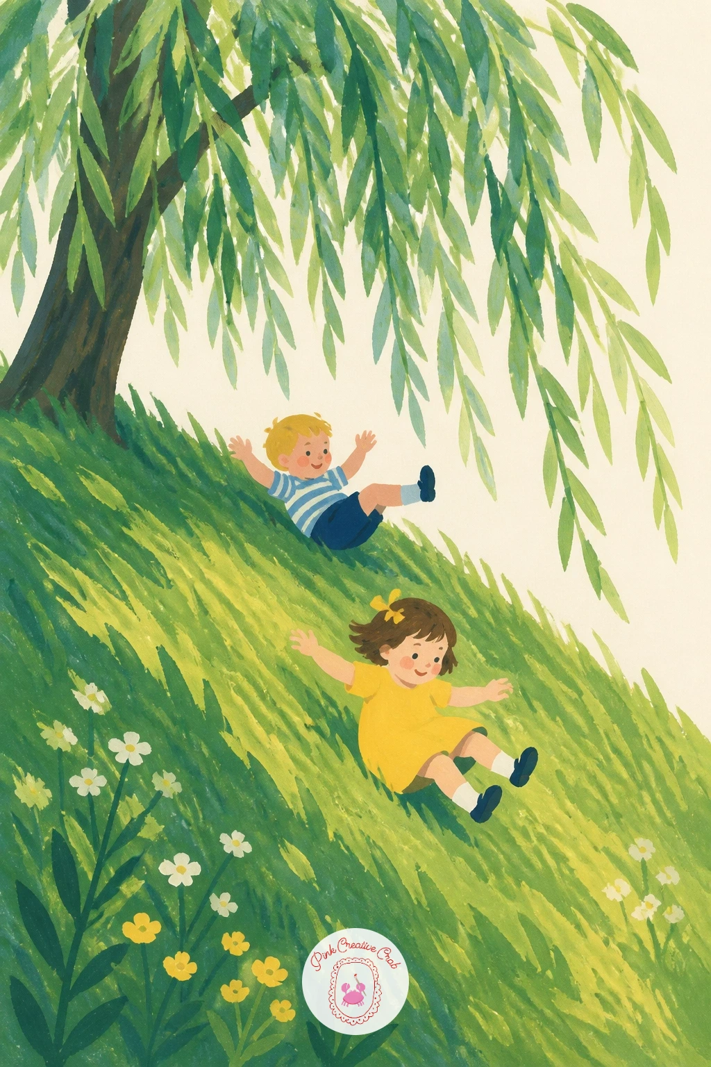 Children Rolling Down a Bank Under a Willow — Add movement to the scene with two small children rolling down a grassy bank beneath the willow's shade. Willow