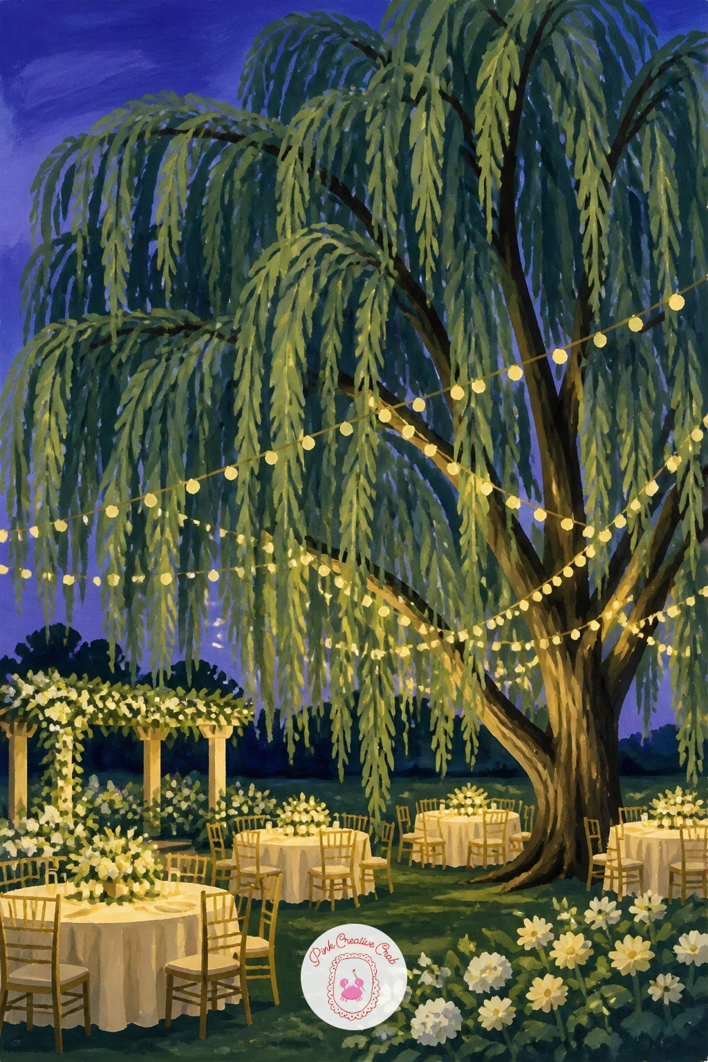 Willow With String Lights at a Garden Wedding — Dress the willow up for an evening wedding by hanging a string of small lights through its branches. Willow
