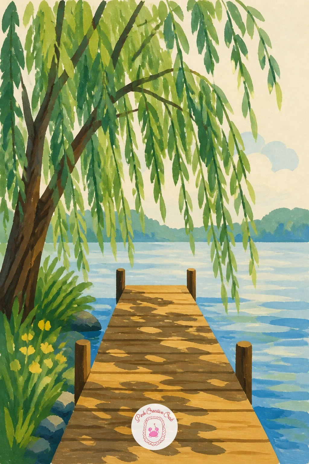 Willow Shading a Wooden Dock — Let the willow lean out over a simple wooden dock reaching into calm water. Willow tree painting