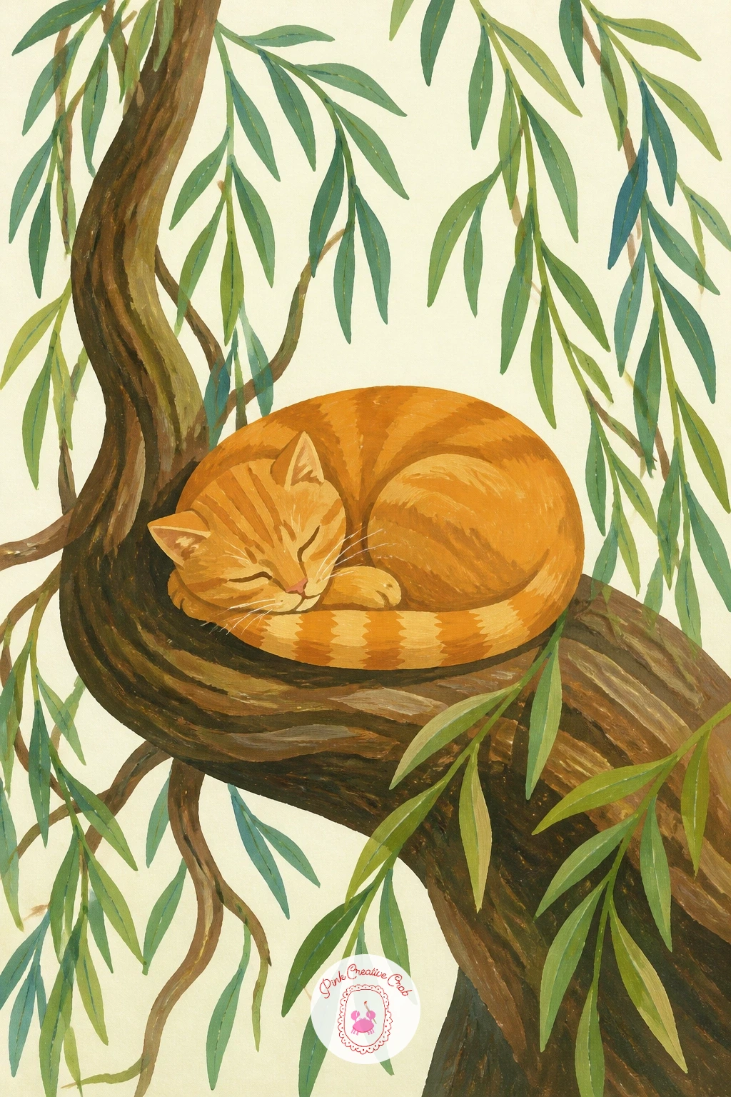Cat Napping on a Willow Root — Tuck a napping cat onto one of the willow's thick exposed roots for a quiet, cosy focal point low on the page. Willow tree