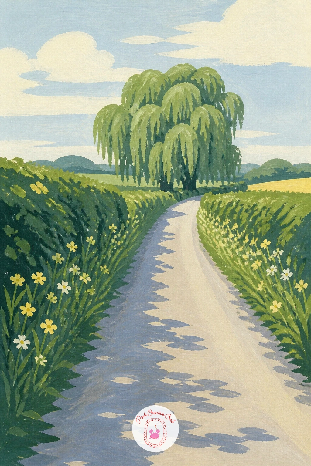 Willow at the End of a Country Lane — Place the willow at the far end of a long, narrowing country lane, using the road itself to pull the eye straight toward