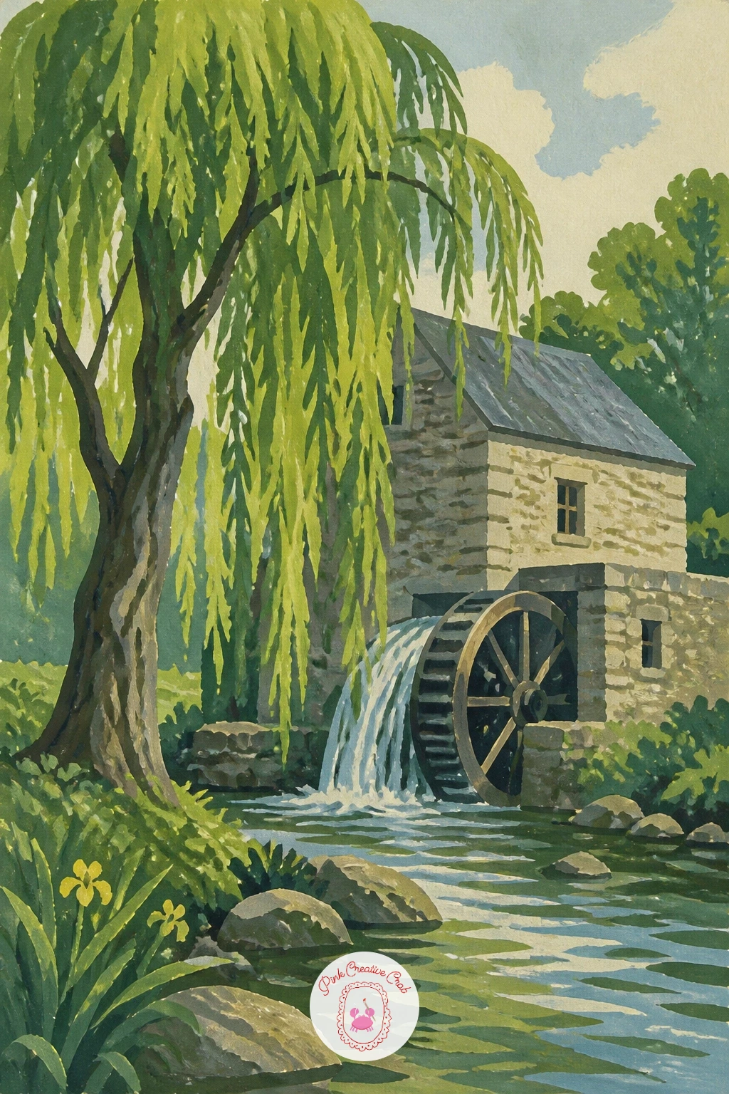 Willow Beside an Old Water Mill — Give the willow a working companion in the form of an old water mill, its wheel sitting half in the stream below the tree.