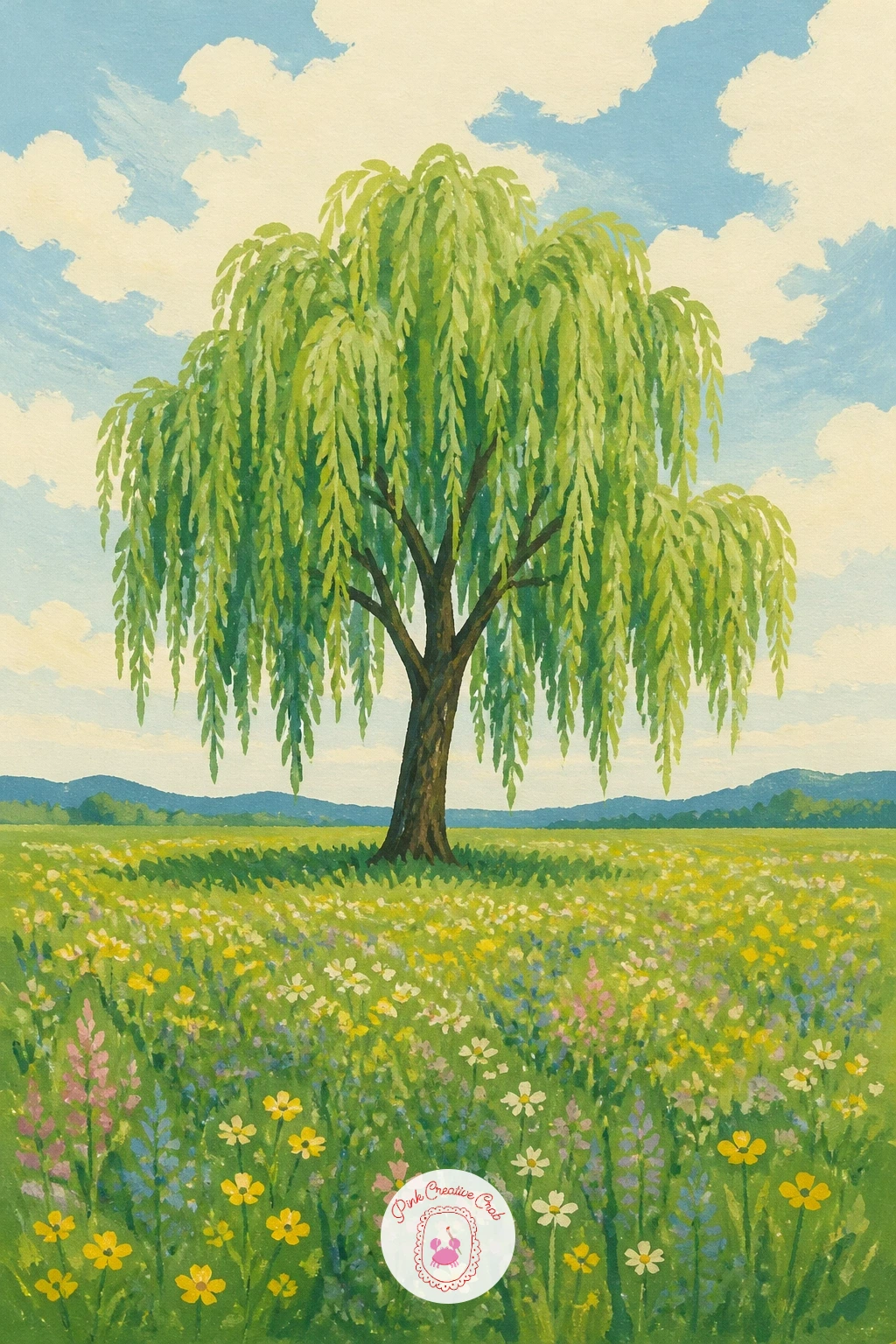 Lone Willow in a Wildflower Meadow — Stand a single willow alone in the middle of an open meadow scattered with wildflowers, giving it room to breathe on the