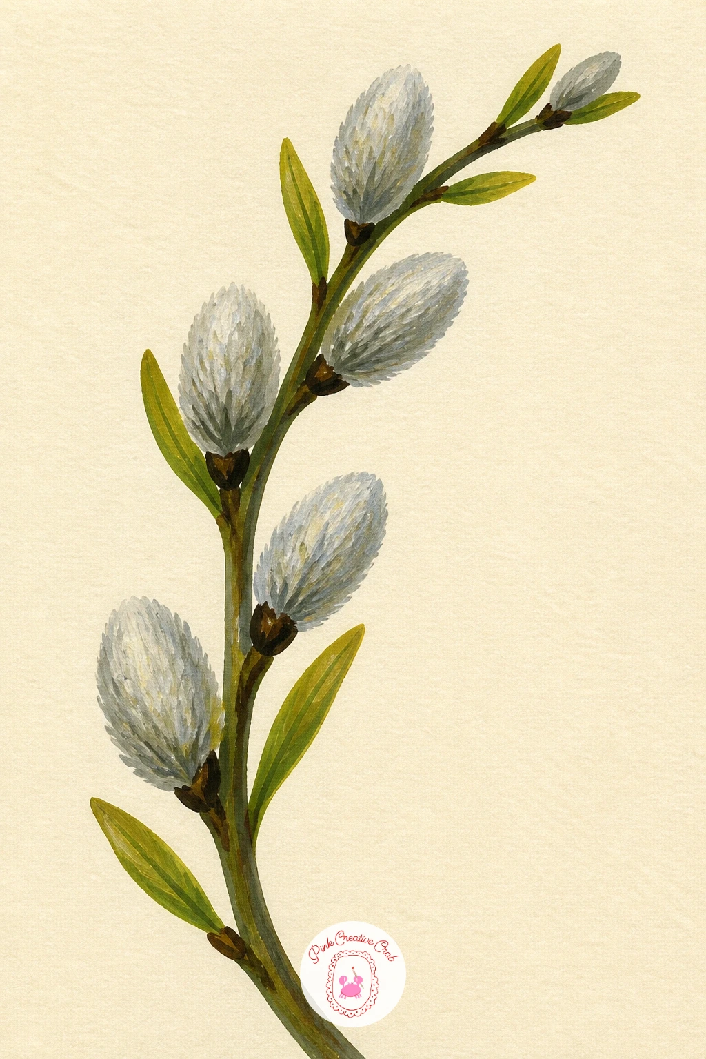 Willow Branch Close-Up With Catkins — Move in close for this one and paint just a single willow branch carrying soft grey catkins, filling the page with detail