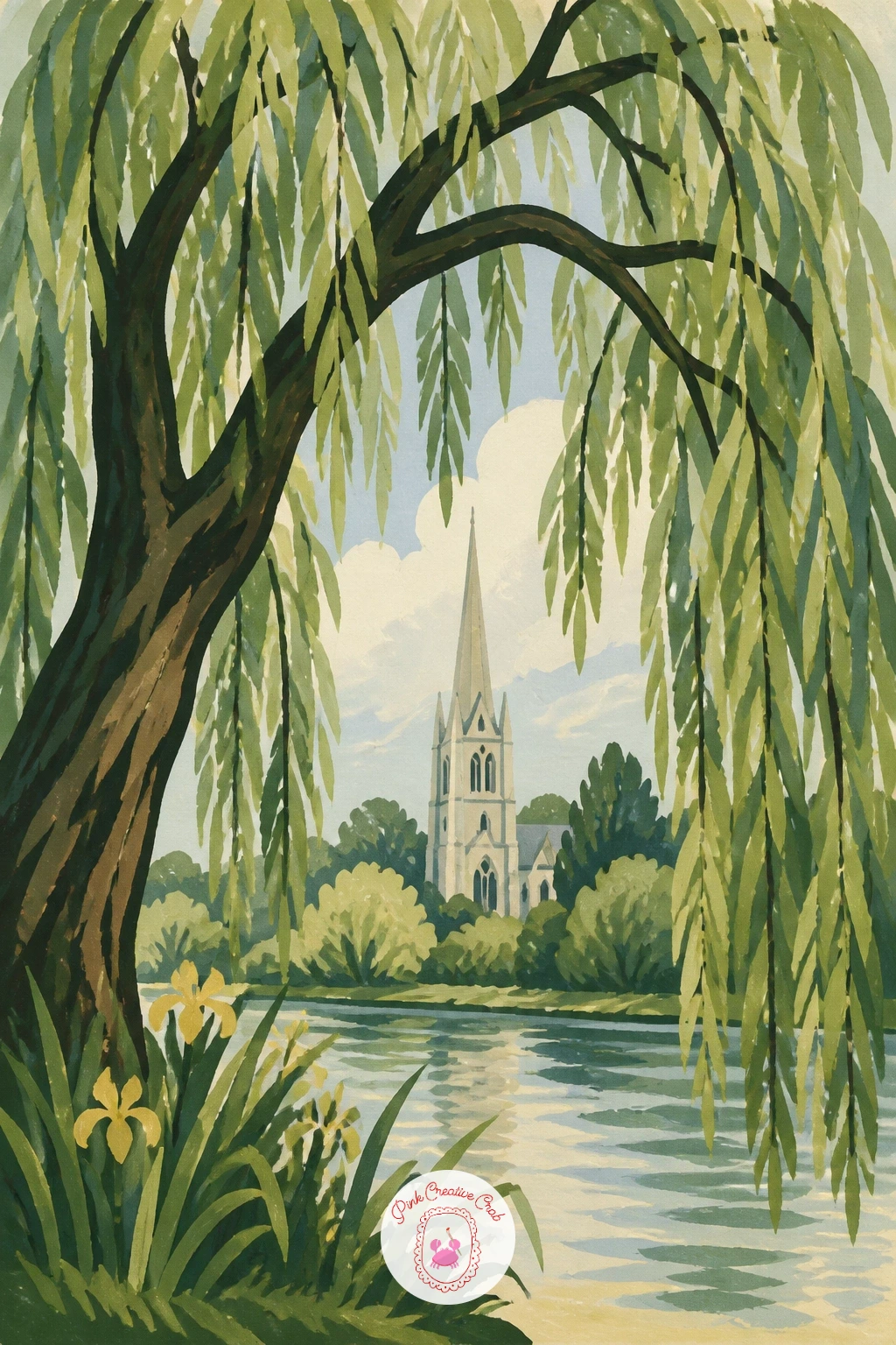 Willow Framing a Church Spire — Use the willow as a natural frame for a distant church spire rising beyond it. Willow tree painting