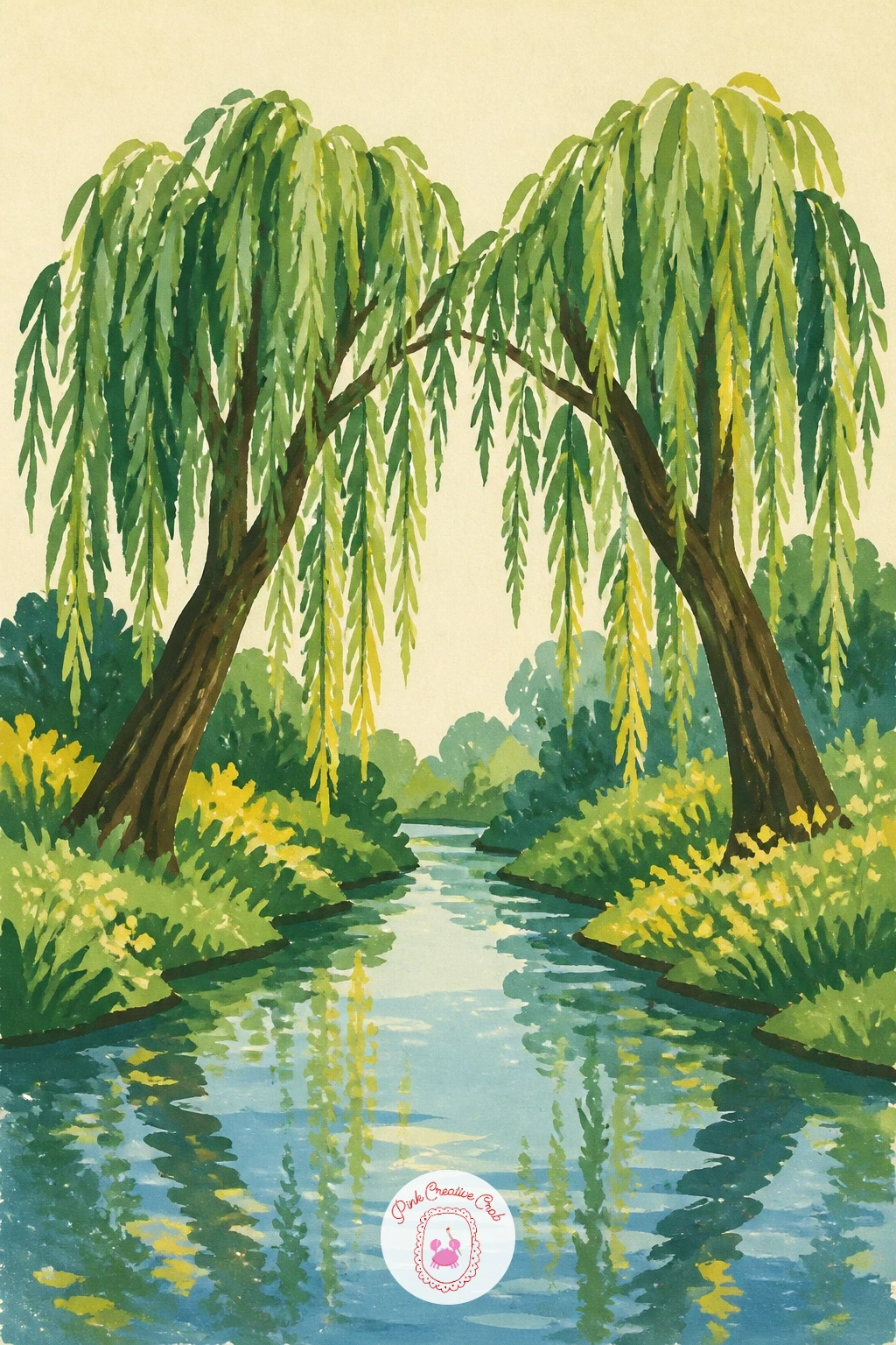 Two Willows Leaning Over a Stream — Close the series with two willows leaning toward each other from opposite banks of a narrow stream, their branches almost