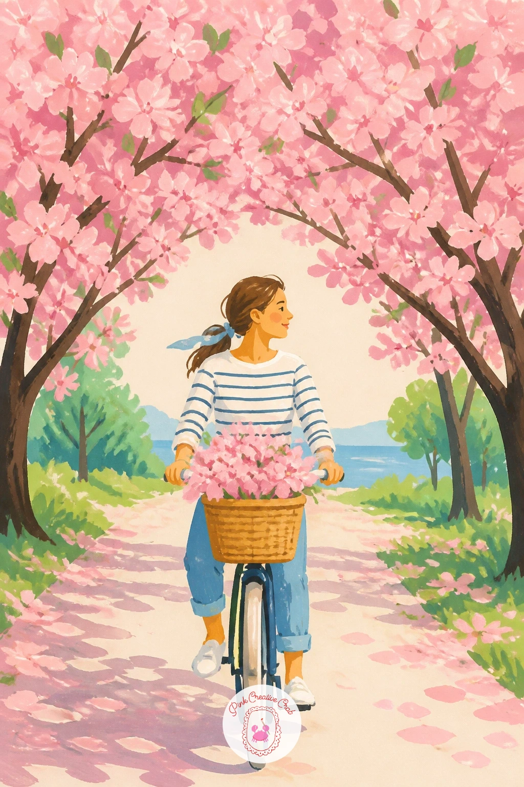 Cyclist Under a Blossom Arch — Start with the cyclist, since the whole scene balances around that one dark, simple shape. Cherry blossom painting