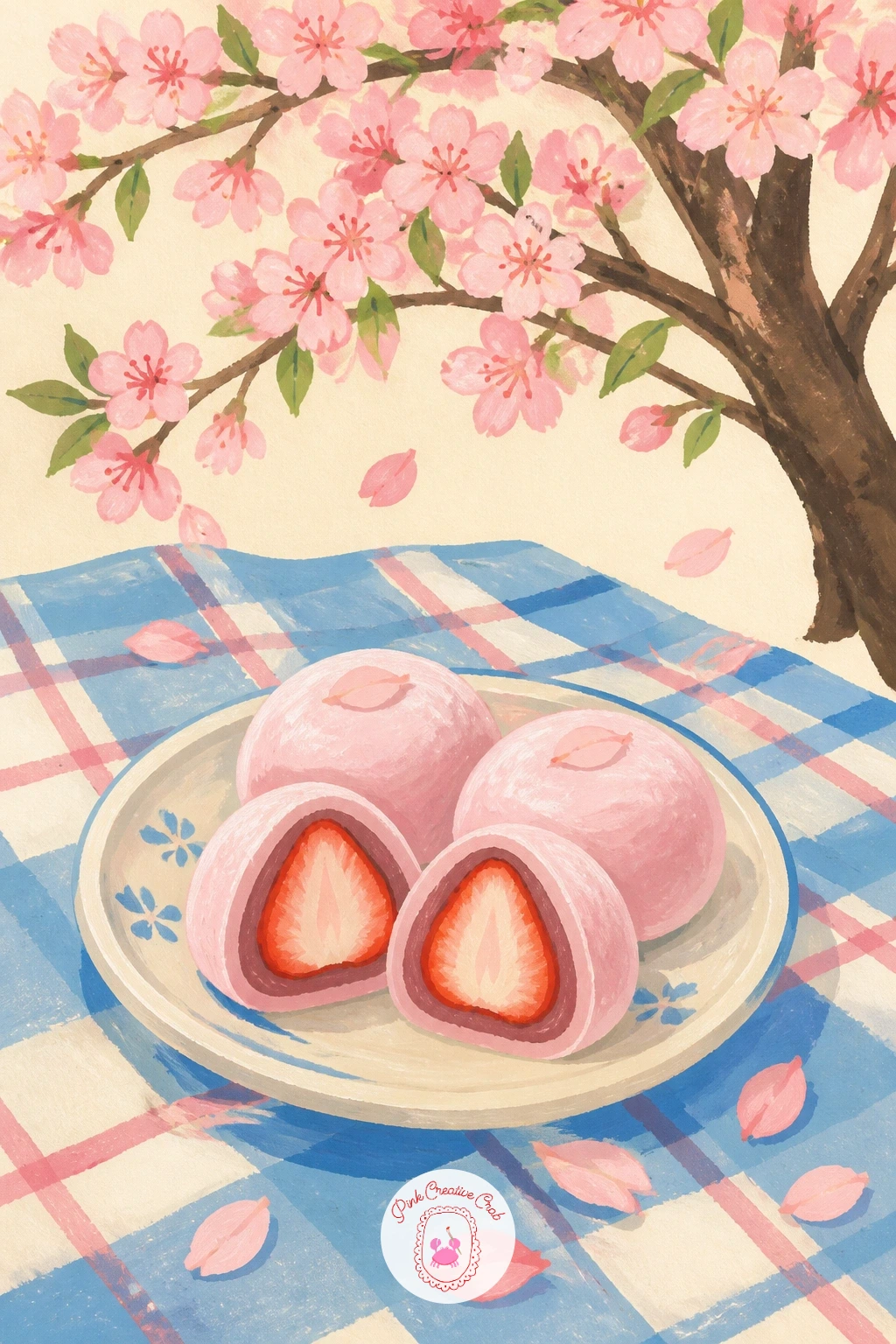 Picnic Blanket With Strawberry Mochi — Picnic scenes work best built from the ground up, so lay down the blanket first as a simple patterned rectangle, checks