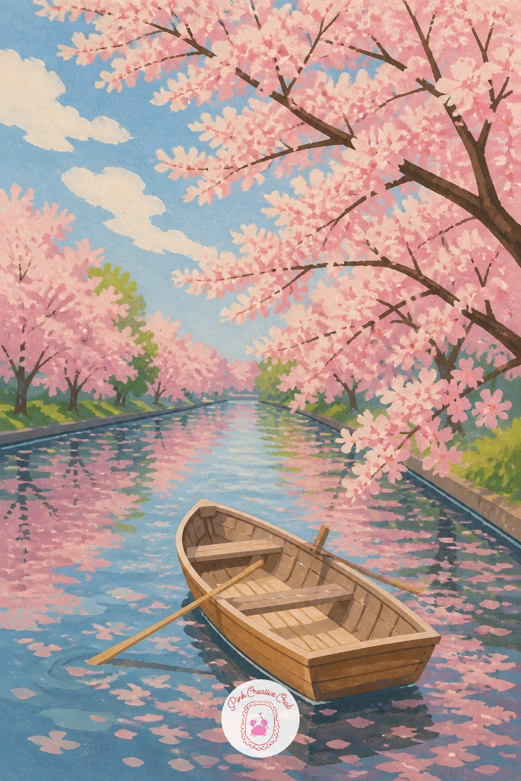 Rowboat on a Blossom Canal — Reflections give this scene its calm feeling, so paint the water first as a flat pale blue band, then add the rowboat sitting on