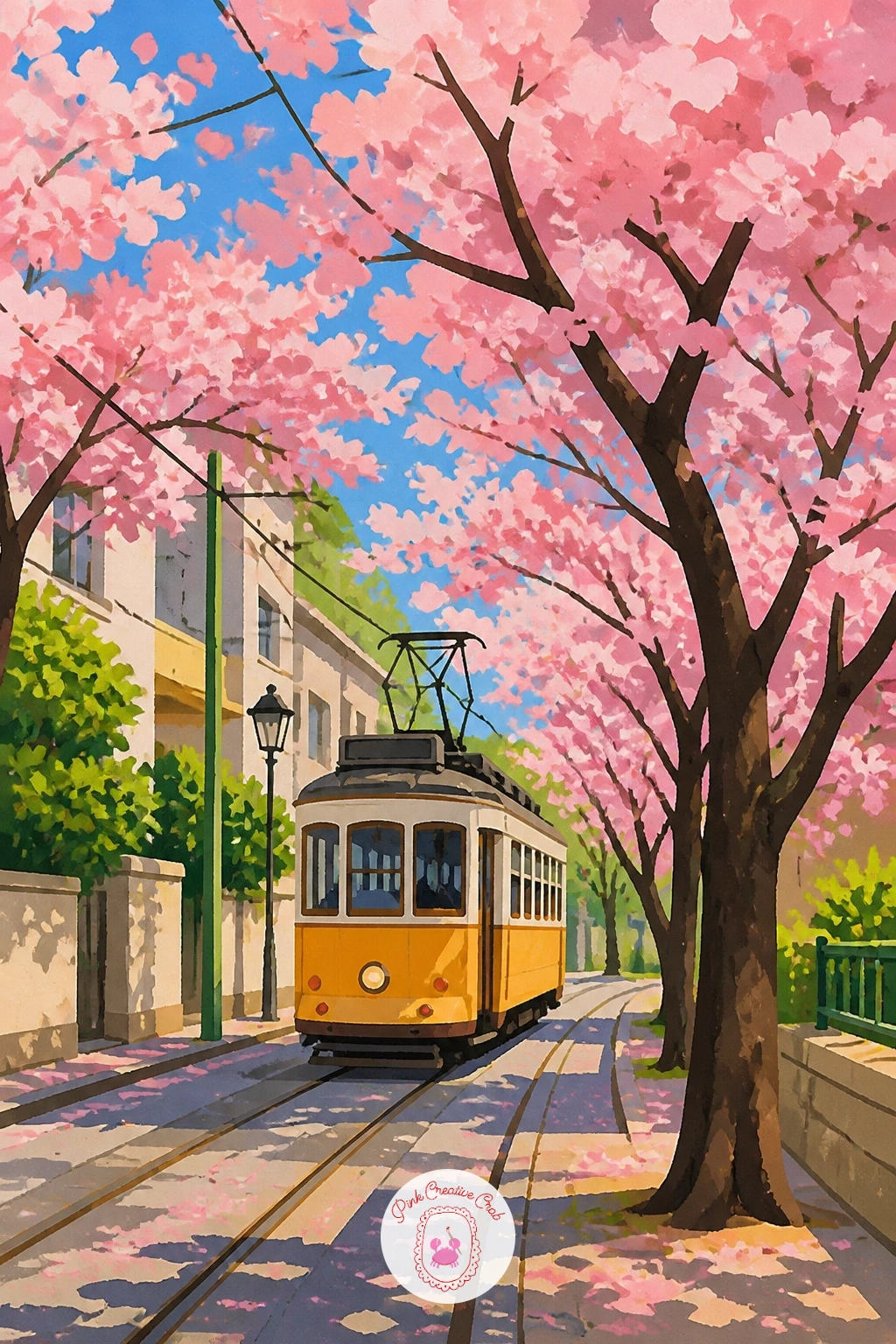 Tram Under the Cherry Trees — Bridge in from quieter still-life scenes to something busier: a tram passing beneath cherry trees along a quiet city street.