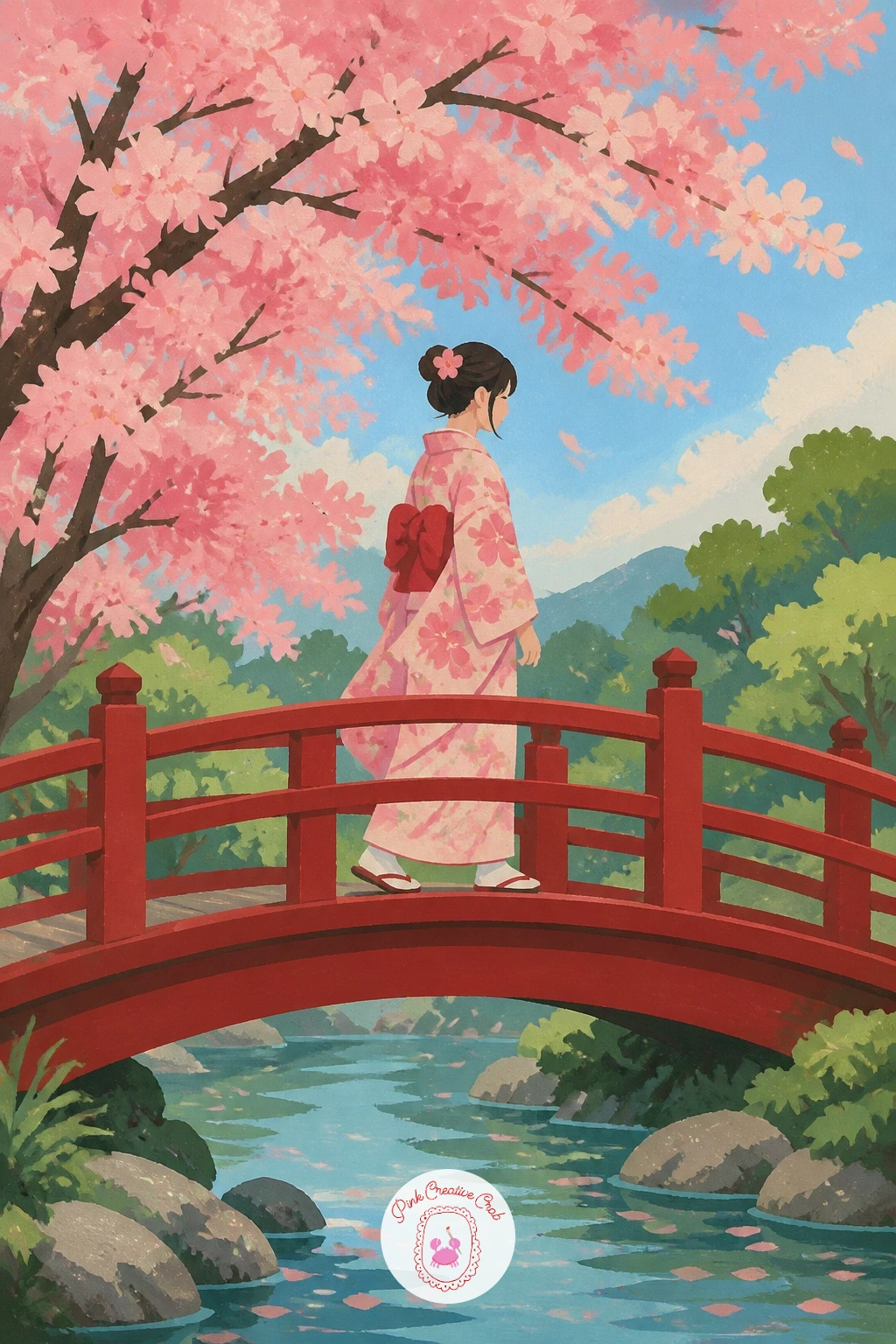 Girl Crossing a Red Bridge — Take the ten minute route first if time is short: a simple side-on figure in a kimono mid-step on a red wooden bridge, a few