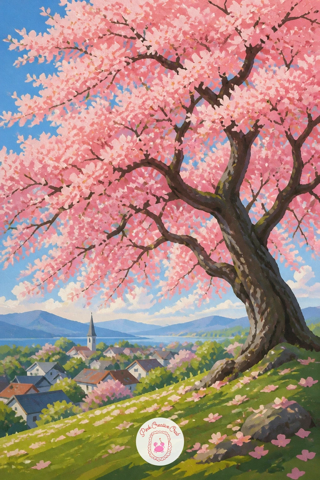 Old Cherry Tree Above a Village — Scale makes or breaks a small landscape like this, so measure the tree against the village before painting either: the old