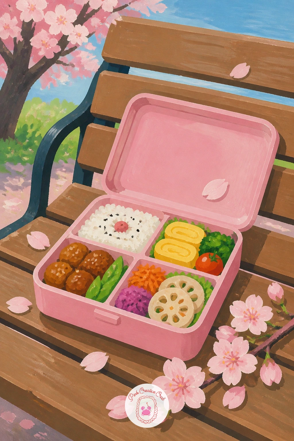 Bento Box on a Park Bench — Build this quiet still life from the bench outward, painting the wooden slats first as a few flat horizontal shapes in warm brown
