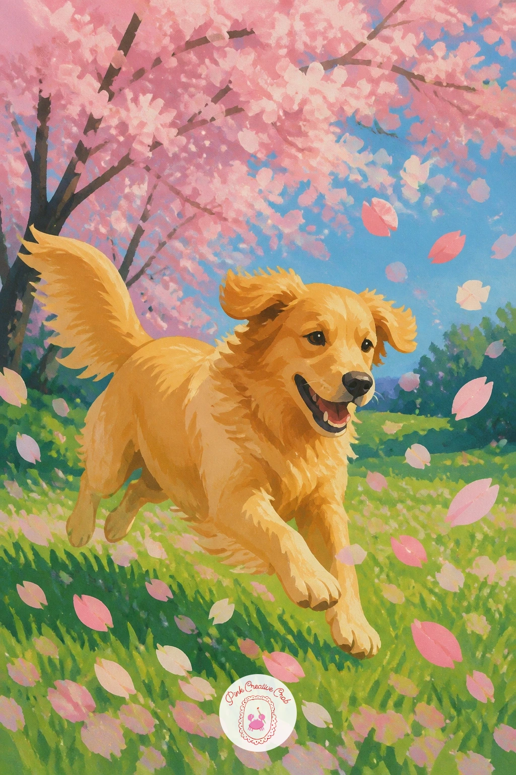 Dog Chasing Petals Across a Lawn — Movement carries this whole scene, so sketch the dog first in a simple leaping or bounding pose, legs stretched rather than