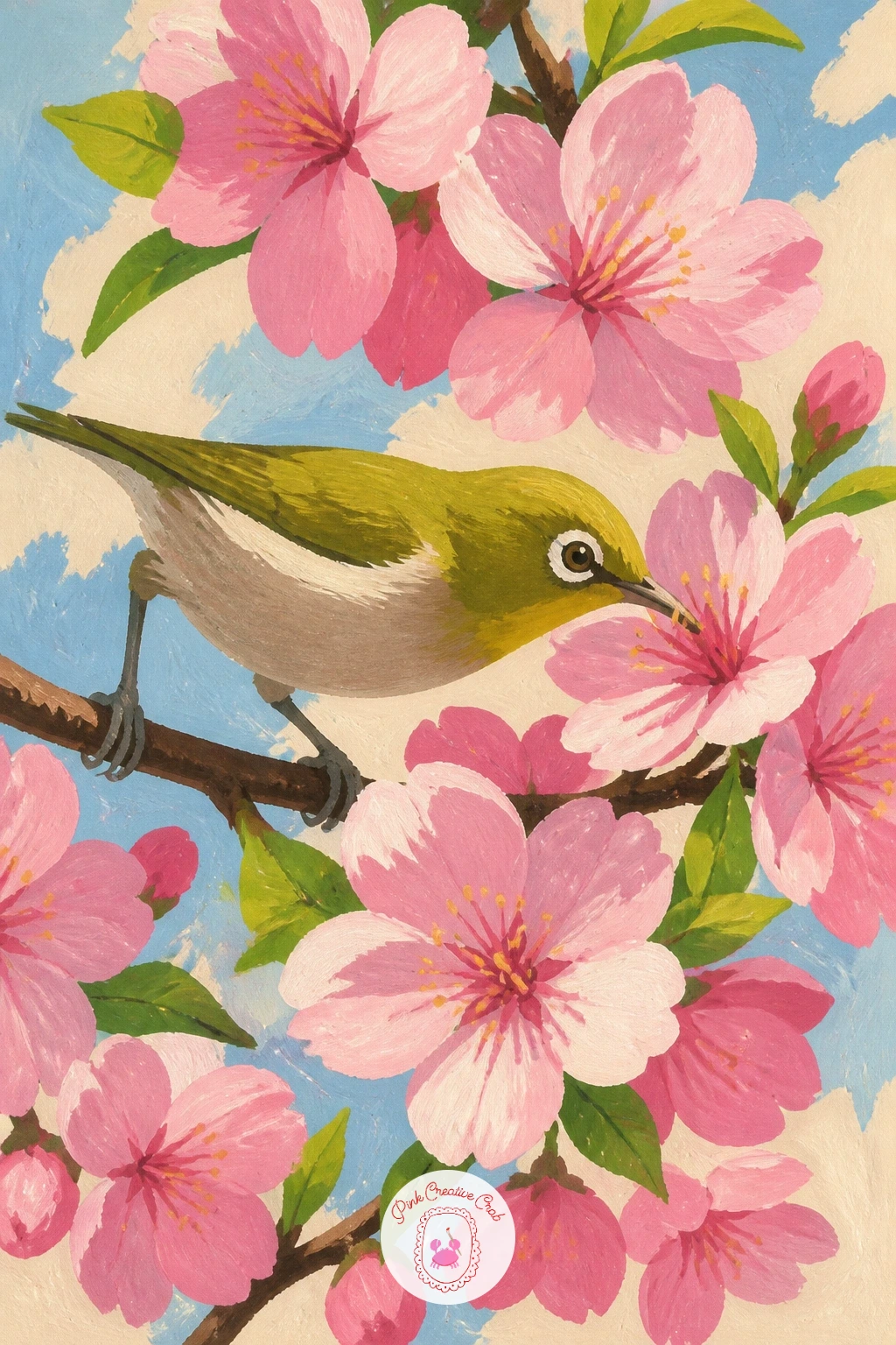 White-Eye Bird on a Blossom — Close focus calls for close looking, so before painting, compare the bird's body size to a single blossom cluster: a Japanese