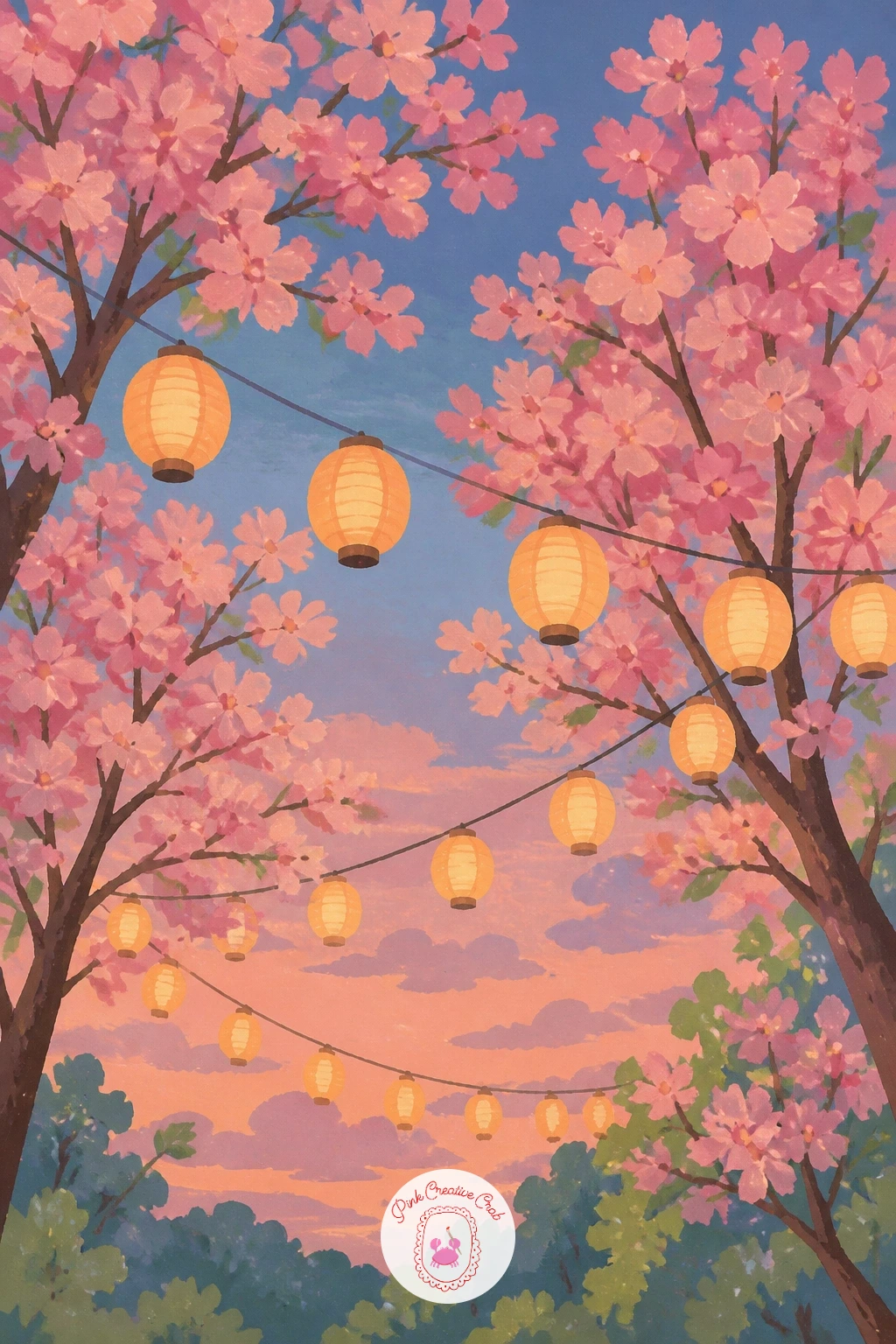 Paper Lanterns Between Blooming Trees — Evening light changes everything here, so decide first that the light source is low and warm, coming from the lanterns