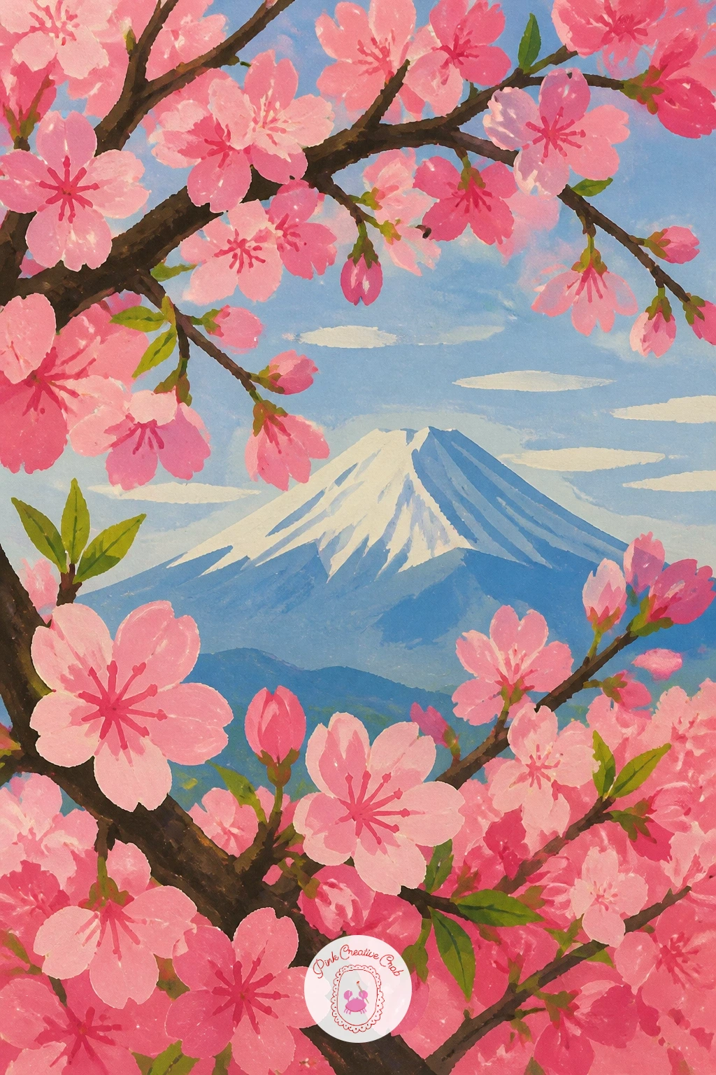 Mount Fuji Through the Branches — Depth is the whole trick with this one, so work back to front: the pale distant mountain first, soft blue grey with a touch