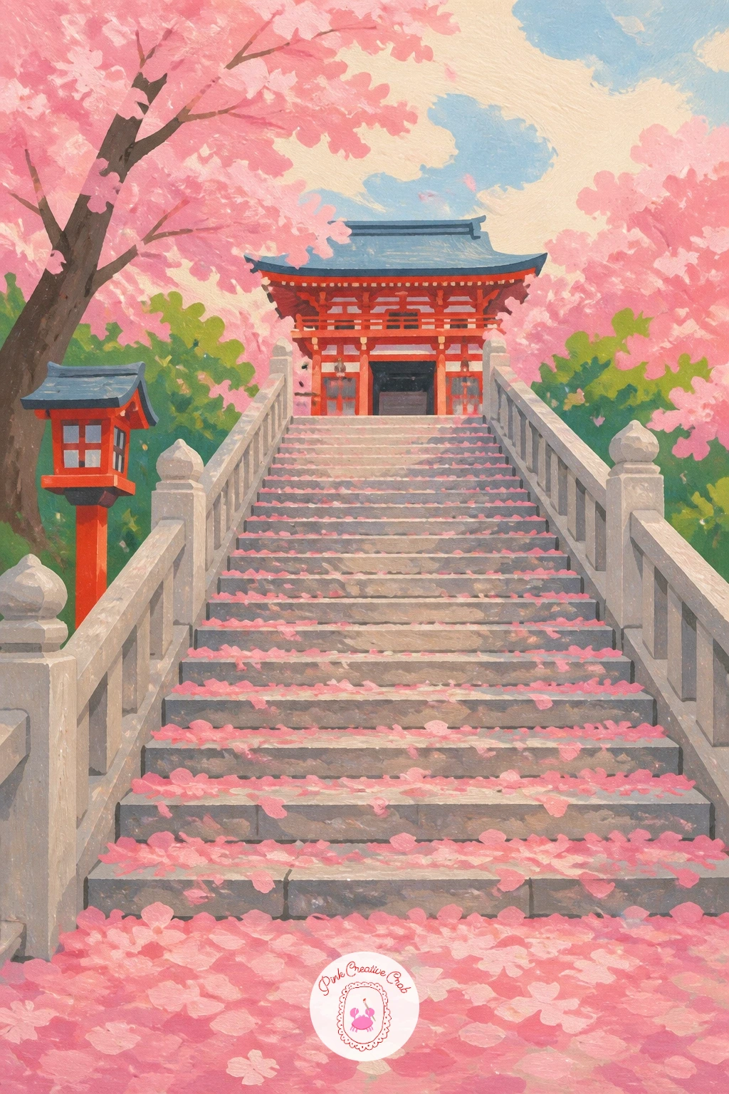 Shrine Staircase of Fallen Petals — Give this one ten minutes for the quick version: a simple stone staircase rising diagonally across the page, scattered