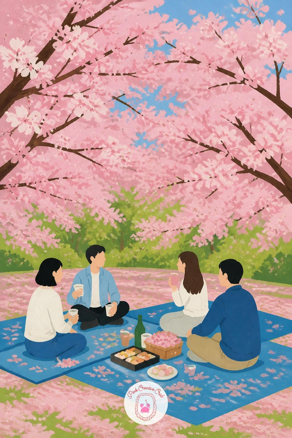 Hanami Party on Blue Mats — Grouping figures is the challenge in a hanami scene, so start with the blue picnic mats as flat rectangular shapes laid out beneath