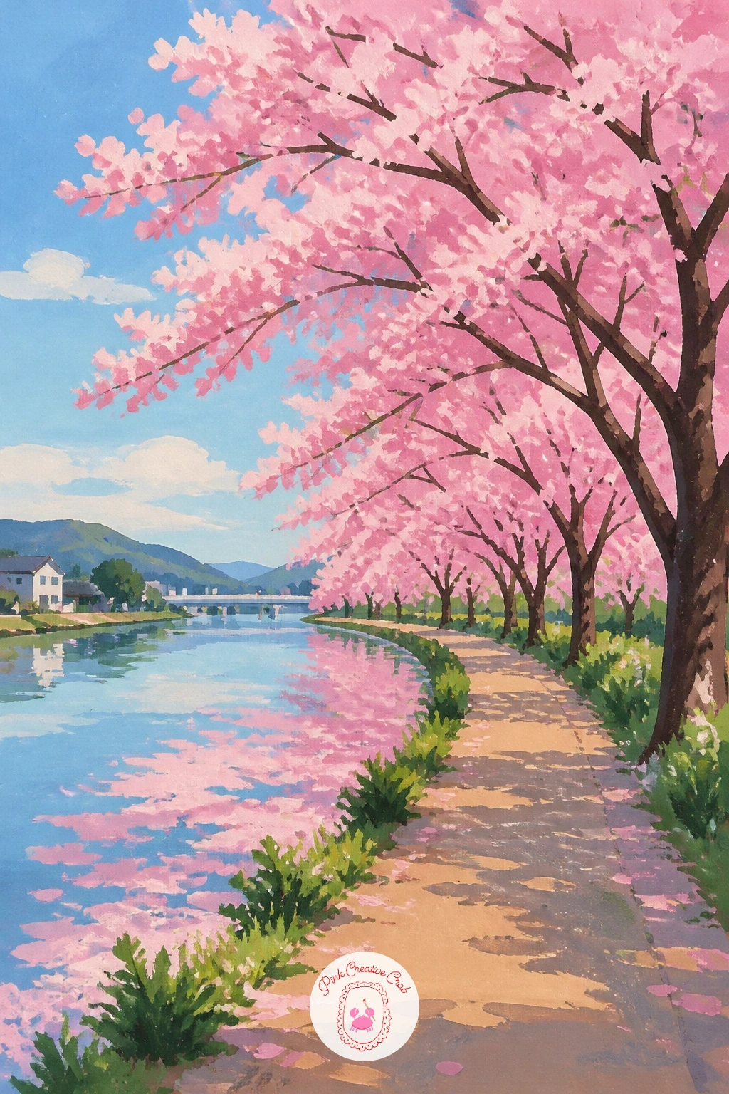 Riverside Path With Reflections — Ease into this landscape from the lively hanami scene with something quieter: a riverside path lined with cherry trees, their