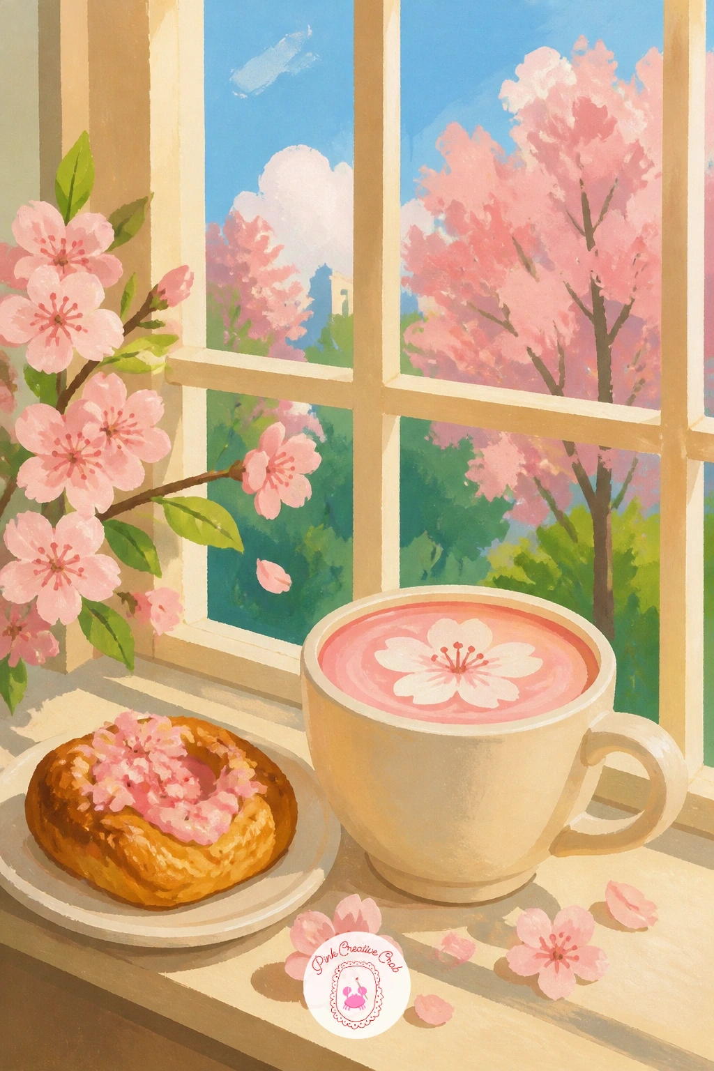 Cafe Window With a Blossom Latte — Frame this one from the inside out, painting the window frame first as a simple flat border, then the view of blossoming