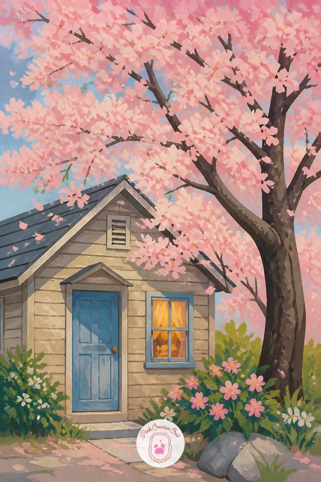 Small Wooden House With a Blooming Tree — Settle into a cosy cottage scene next, painting the small wooden house first as a simple flat structure, a peaked