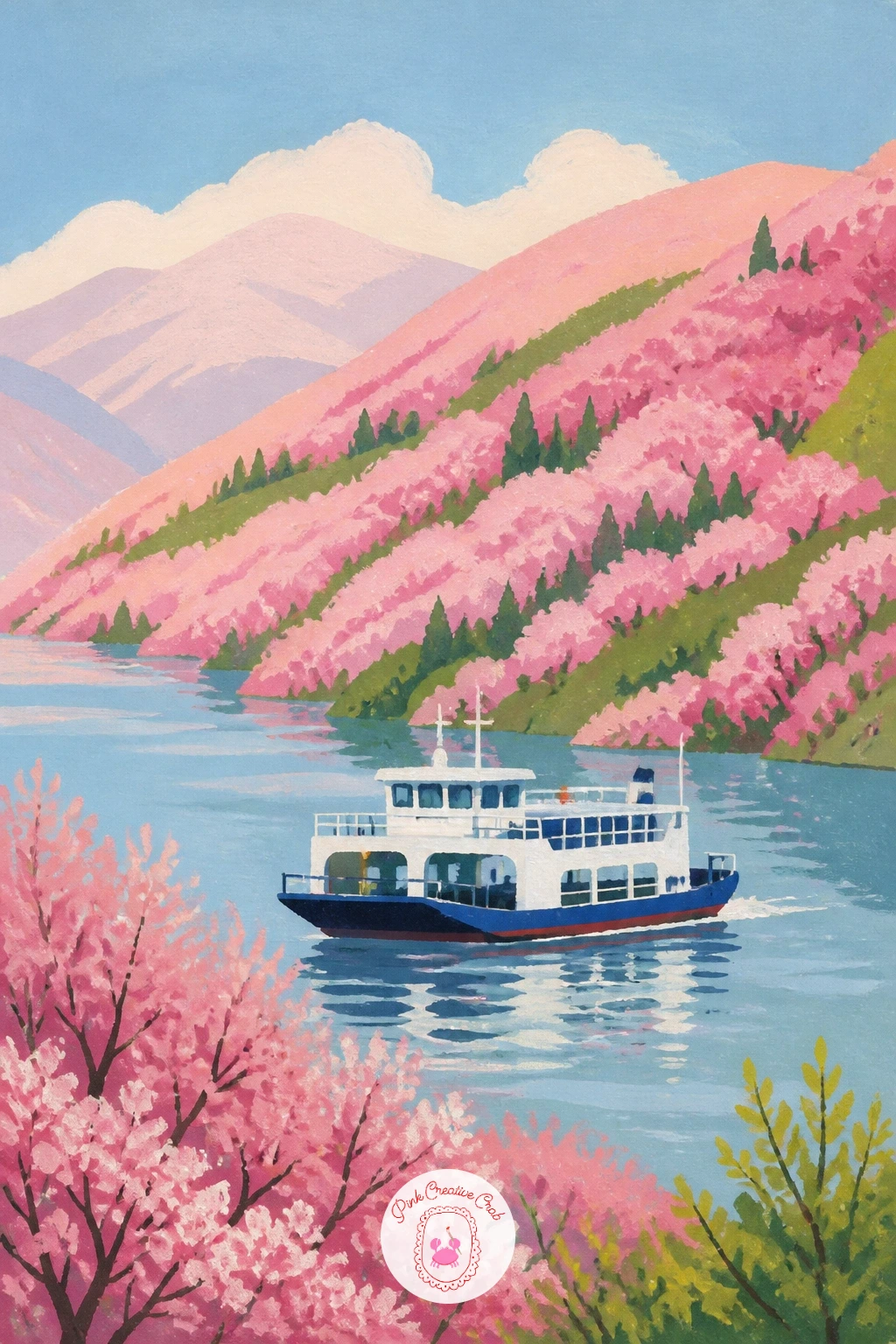 Ferry Crossing Blossoming Hills — Return to a wider view with this one, a ferry crossing a lake with blossoming hills rising behind it. Cherry blossom painting
