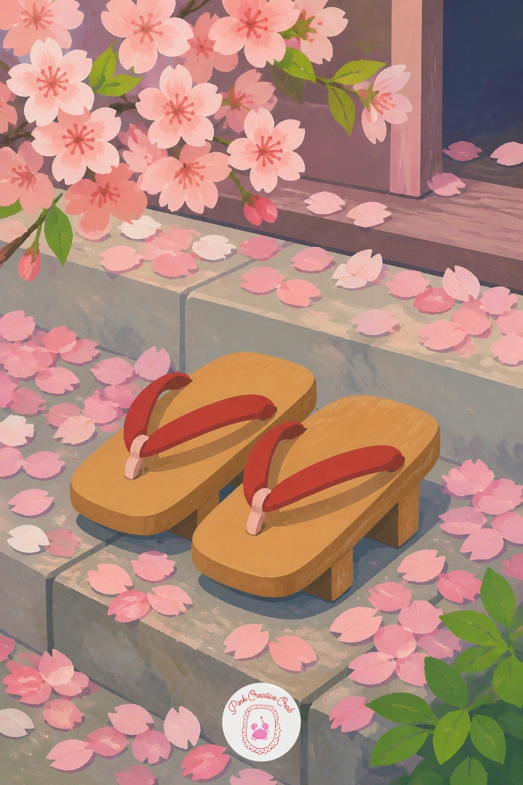 Wooden Sandals on a Petal-Scattered Step — Close the series on something small and still, a pair of wooden sandals left on a step scattered with fallen petals.