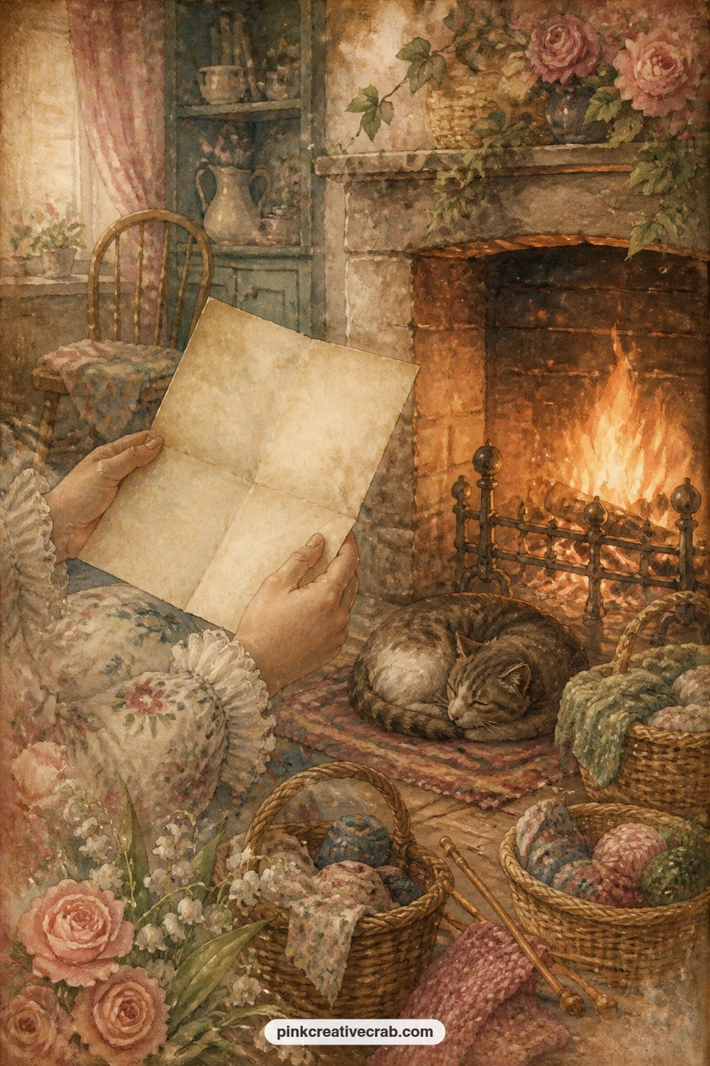 Letter By The Fire printable page — Give this page to the evening the four sisters crowd close to hear a letter read aloud, sharing one small flame and one