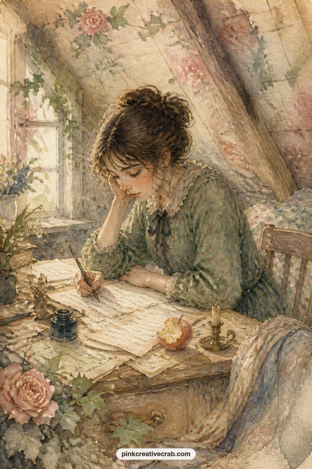 Jo Writing In The Garret printable page — Up under the roof, where the light falls through one window onto a scribbled desk, sits Jo mid sentence with an apple