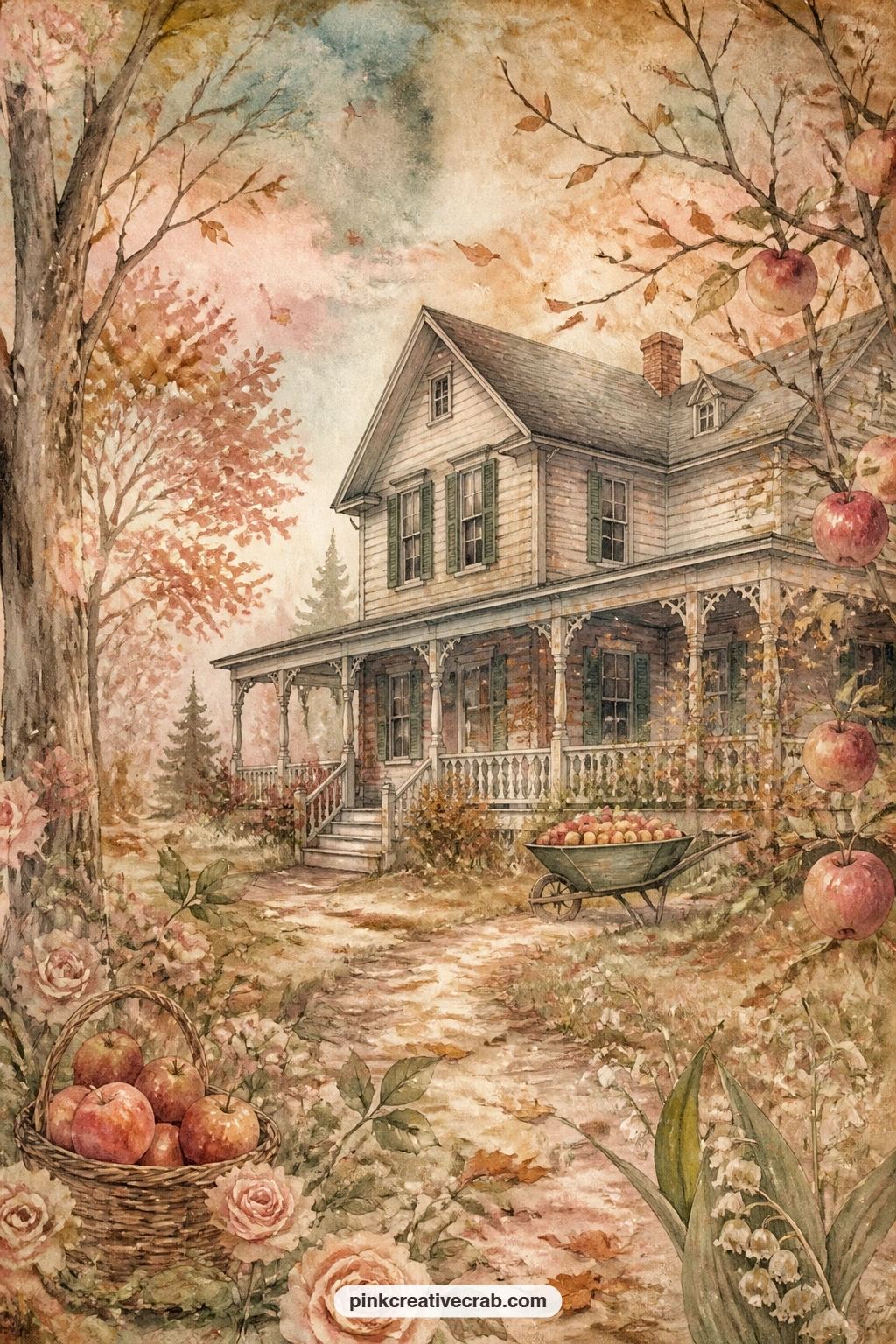 Orchard House In Autumn printable page — Pair this page with the ivy band lined page further on: write the family's address or a line about home on the lined