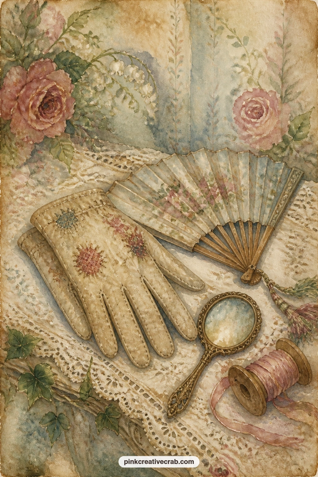 Mended Gloves And A Fan printable page — A pair of carefully mended gloves rests beside an open fan and a hand mirror, small signs of making do kept pretty on