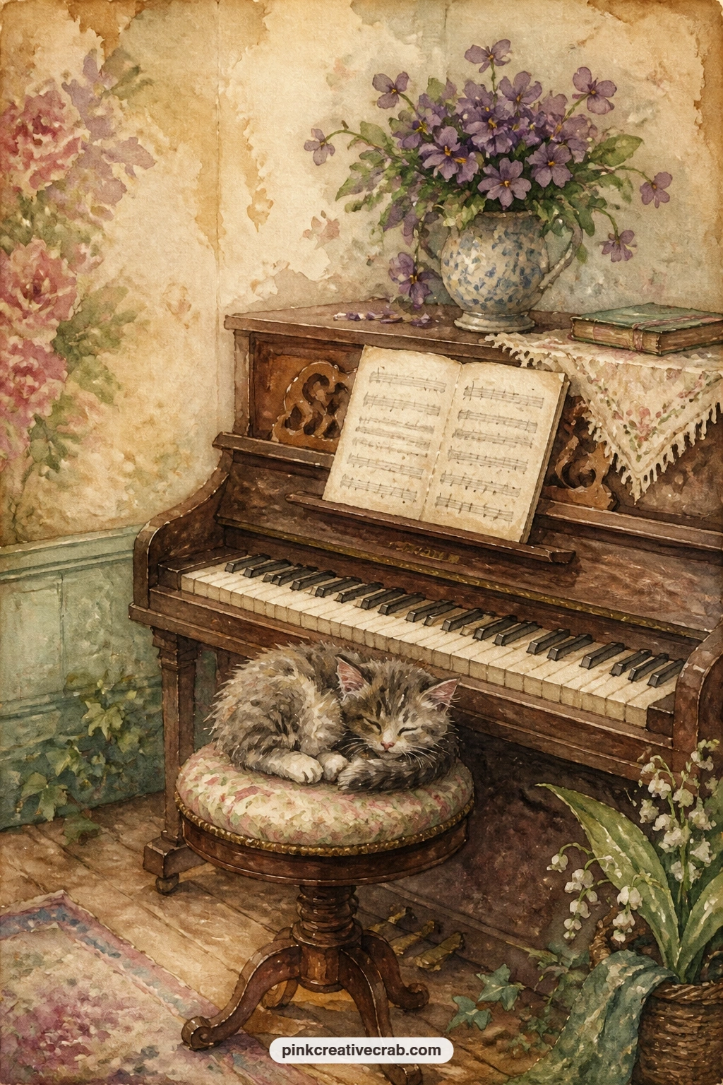Beth's Piano And Kitten printable page — The usual mistake with a quiet page like this one is cramming it with extra objects until the piano gets lost; keep