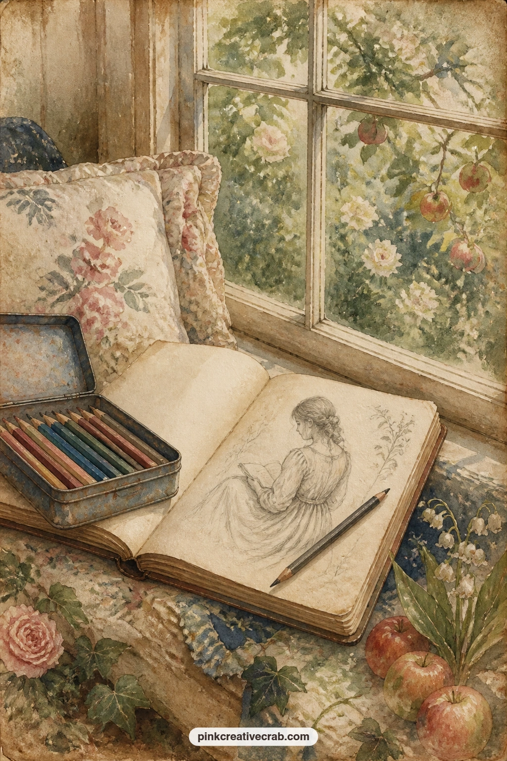Amy's Sketchbook By The Window printable page — An open sketchbook, a tin of pencils and a half finished drawing sit on a window seat cushion, catching