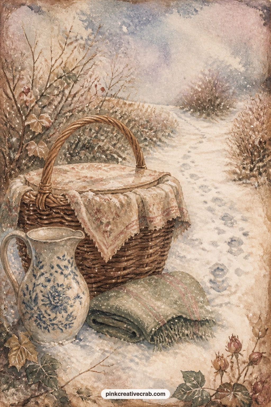 Breakfast Basket In The Snow printable page — This page suits the sister in your family who always notices who has gone without; give it to her in a gift