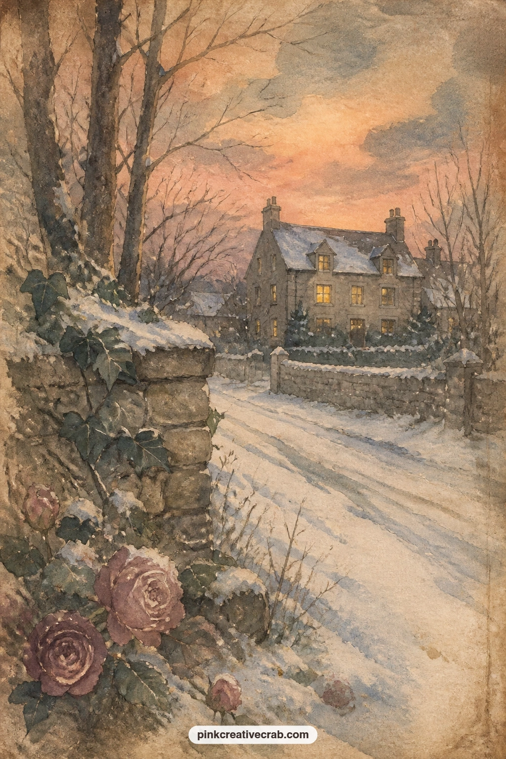 Laurie's House Across The Lane printable page — Across a snowy lane stands a grand house with lit windows, close enough to see yet far enough to feel like