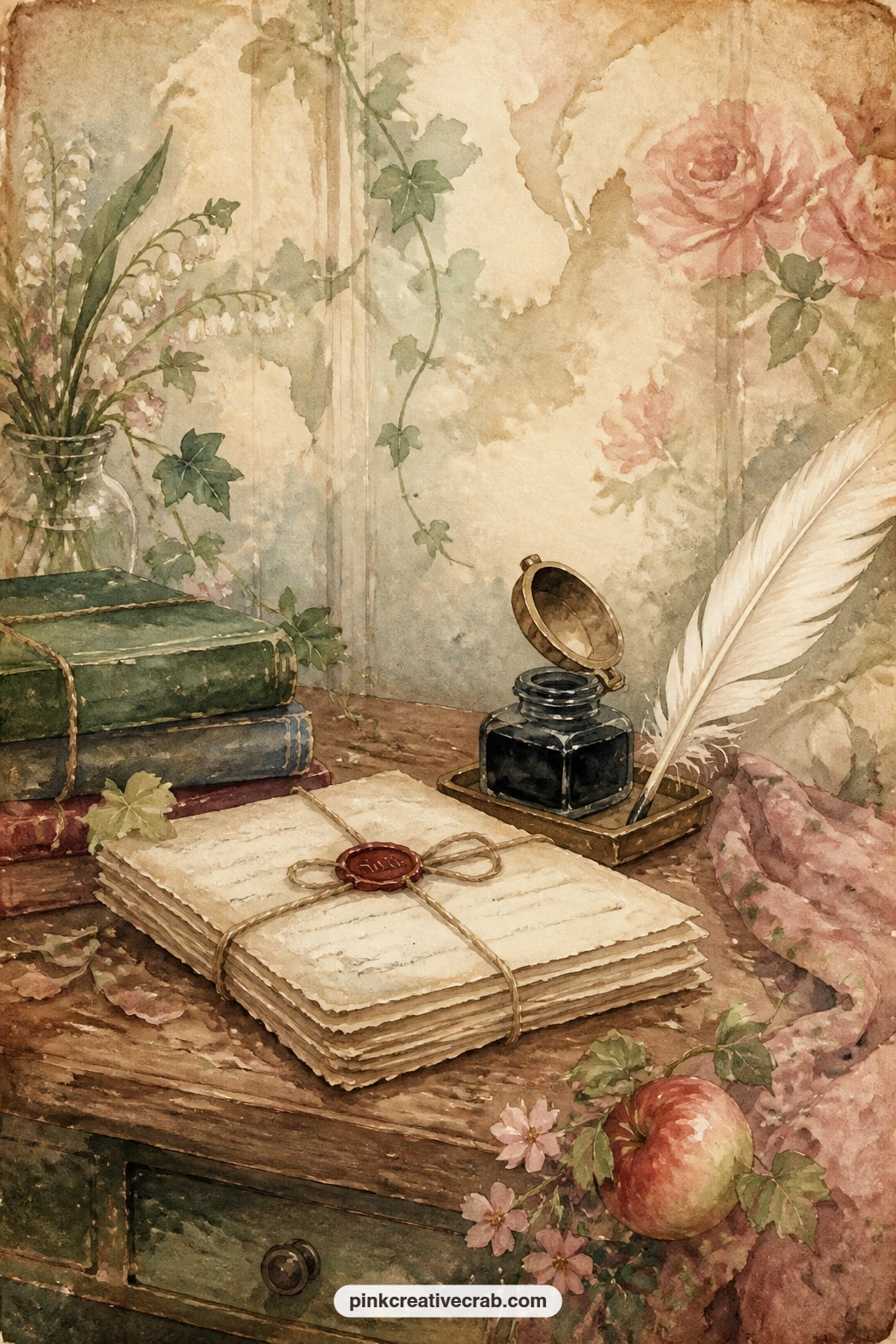 Writing Desk And Manuscript printable page — Pair this page with the ink blot and quill background: use that paper as a pocket lining behind this scene, so a