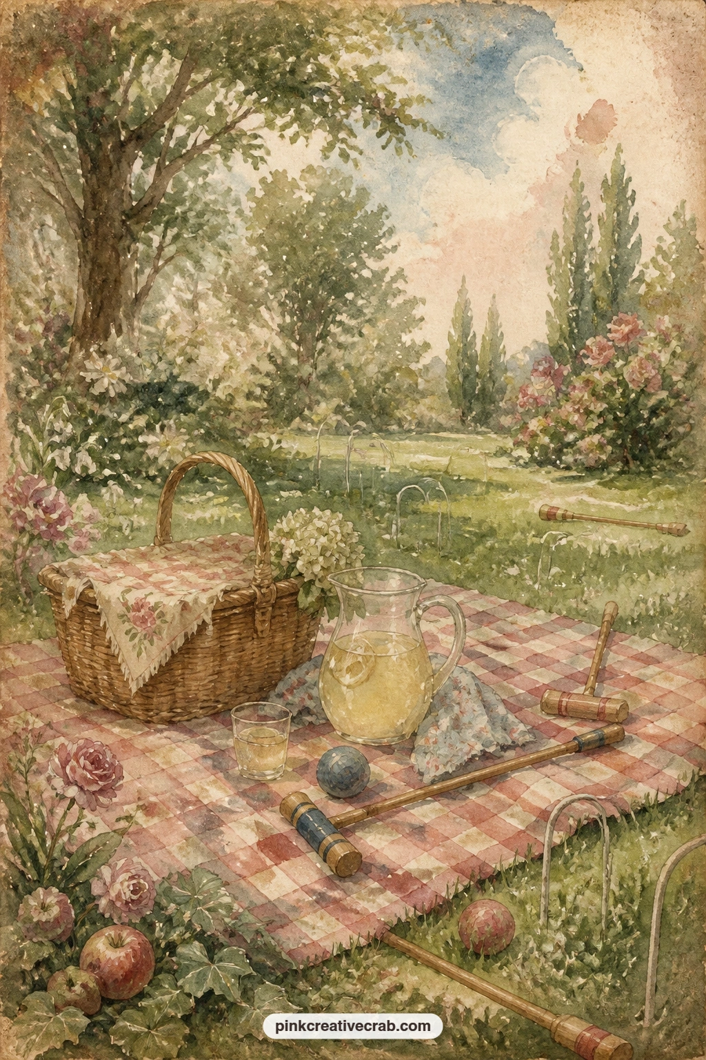 Picnic On The Lawn printable page — A short question for the entry: who would you invite to a lawn picnic with croquet mallets and nothing urgent to do all