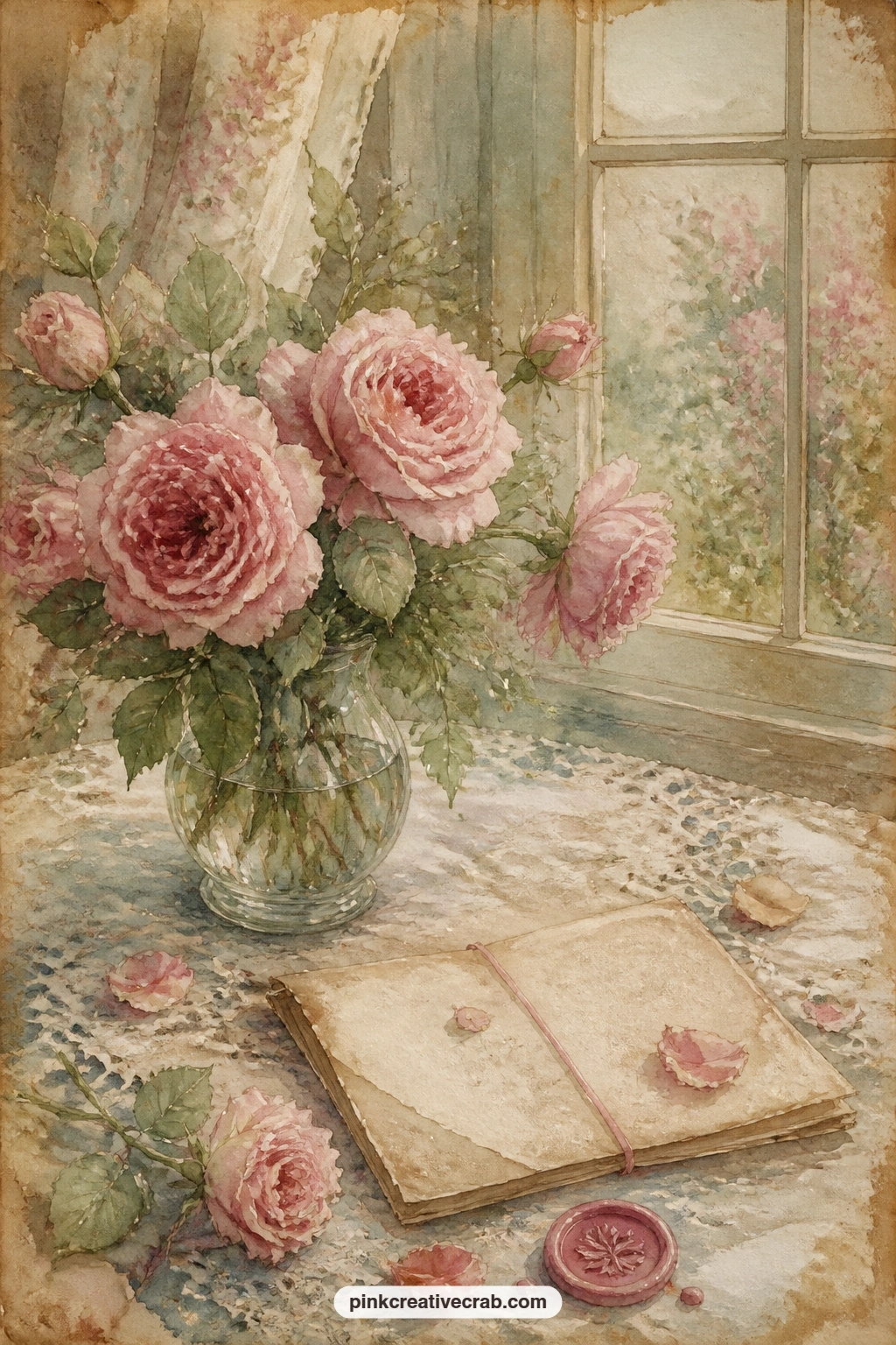 Roses Beside Marmee's Letter printable page — A vase of roses stands beside a folded letter still bearing the fold marks of having been read more than once.