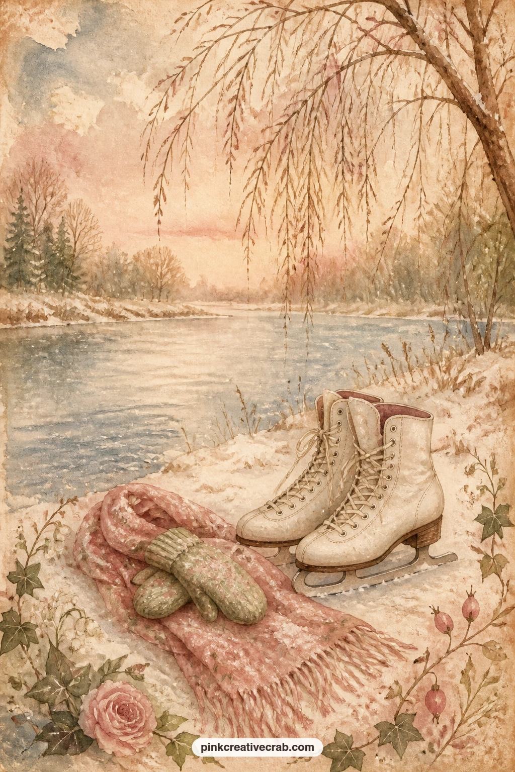 Skates By The Frozen River printable page — A pair of ice skates sits abandoned on the snowy bank of a frozen river, laces still loose from being pulled off in