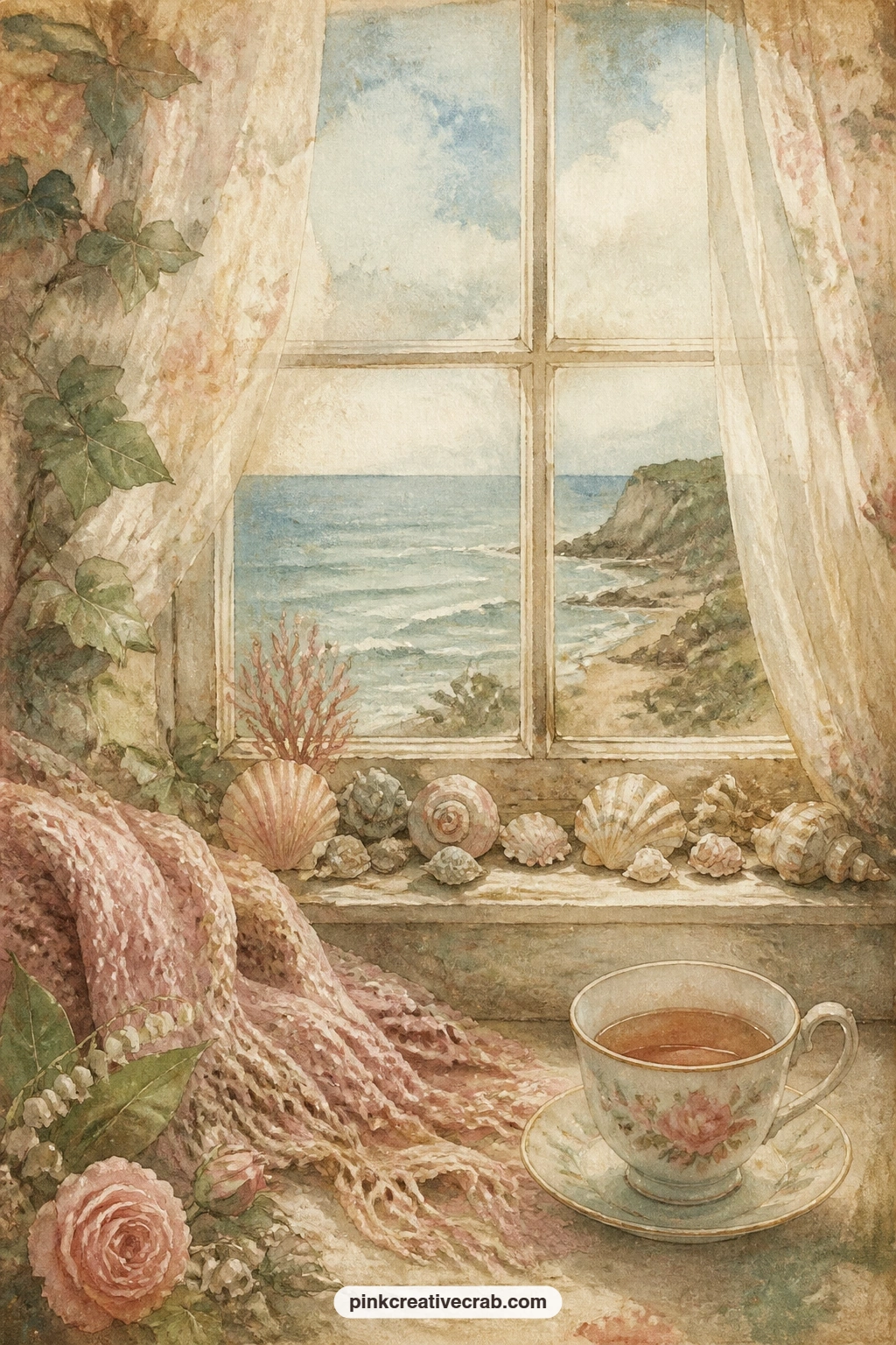 Beth's Shells By The Sea printable page — For a gift journal, this page suits the sister who keeps quiet comforts close: a windowsill of shells, a blanket, a