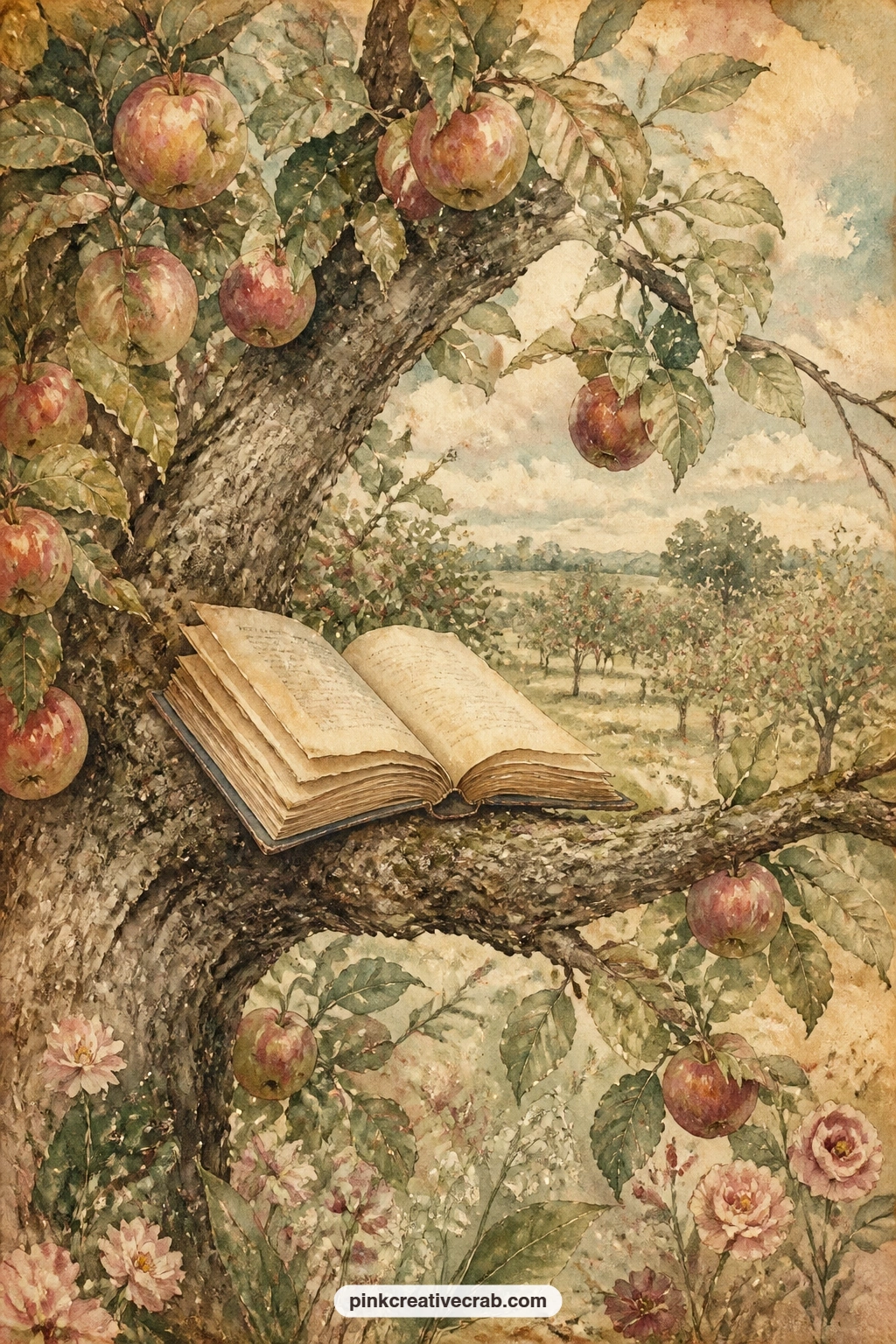 Apple Tree With A Book printable page — Left in the branches of an old apple tree, a forgotten book marks the page where the reader wandered off to somewhere