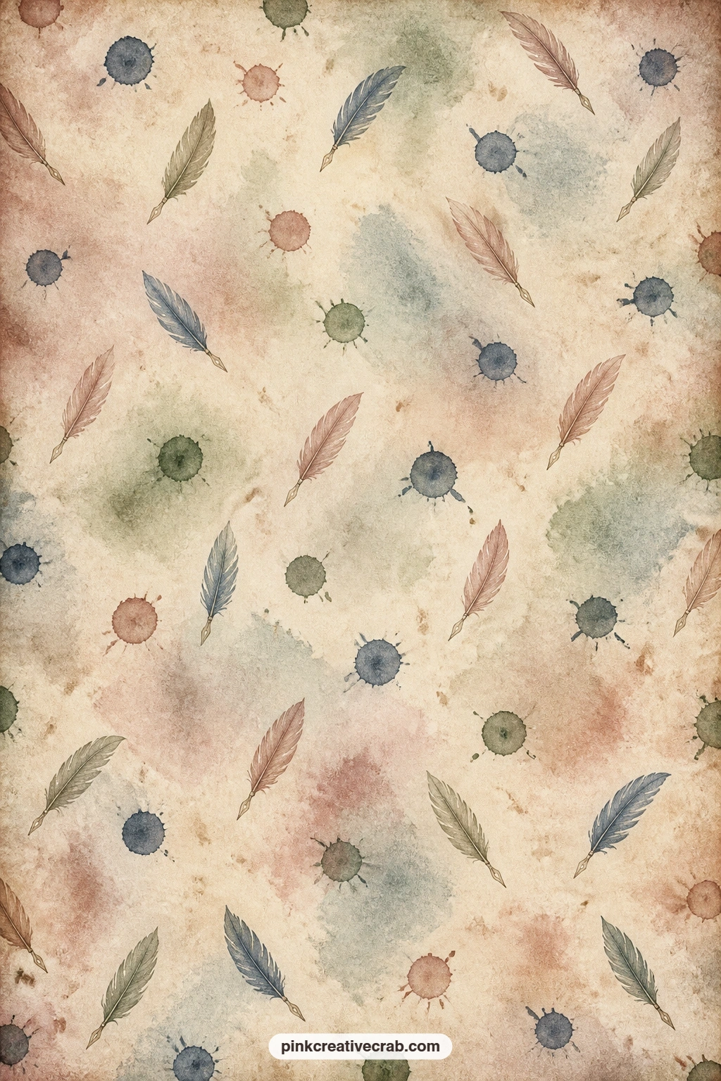 Ink Blot And Quill Pattern printable page — Tiny quills and soft ink blots scatter across this page, a fitting lining for a pocket behind the writing desk