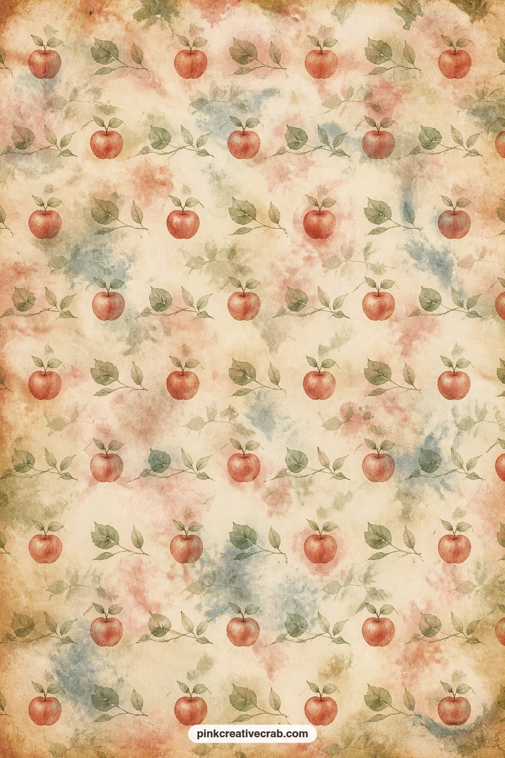 Apple And Leaf Repeat Pattern printable page — Small apples and leaves repeat in rows across the page, useful under a photo of an orchard visit, as a pocket