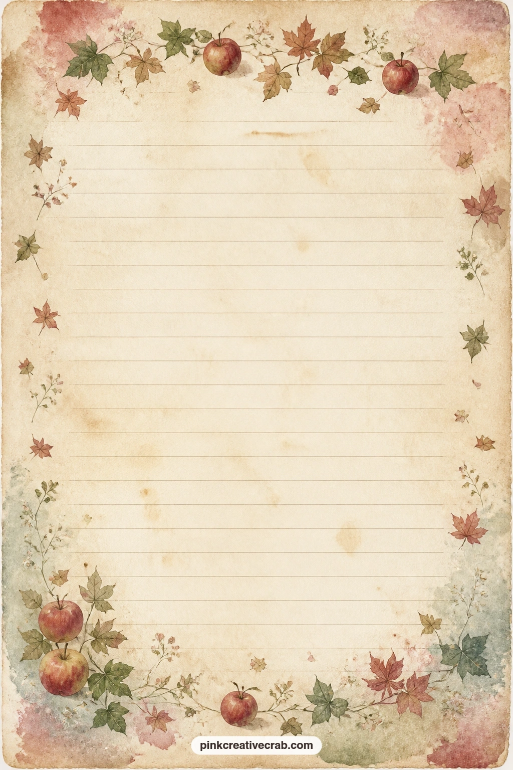Autumn Leaves And Apples Lined Page printable page — Write a harvest list here, a few lines about a favorite autumn walk, or a letter addressed to next year's