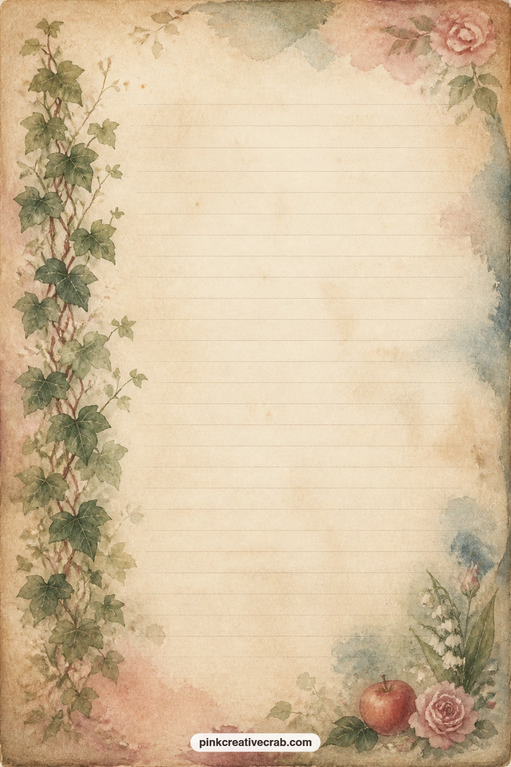 Ivy Band Lined Page printable page — A narrow band of ivy runs down one side, leaving room beside it for a home address, a family recipe, or notes from a quiet