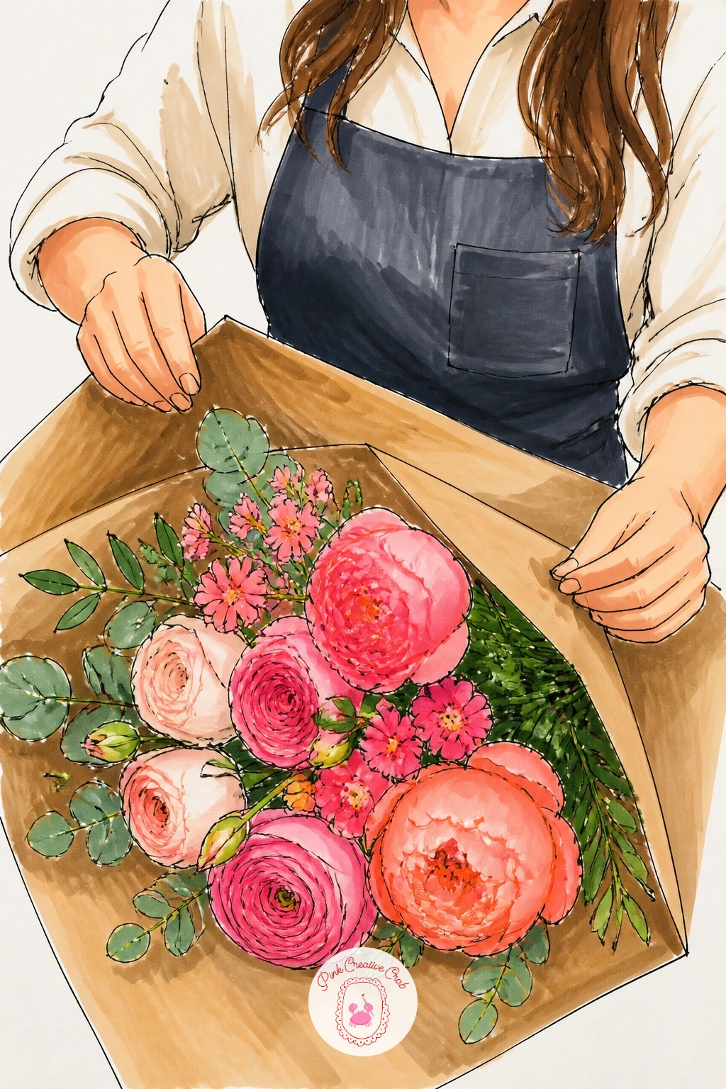 Florist Wrapping a Bouquet in Brown Paper — Move from the shopfront to a close-up moment: hands wrapping a finished bouquet in brown kraft paper on a