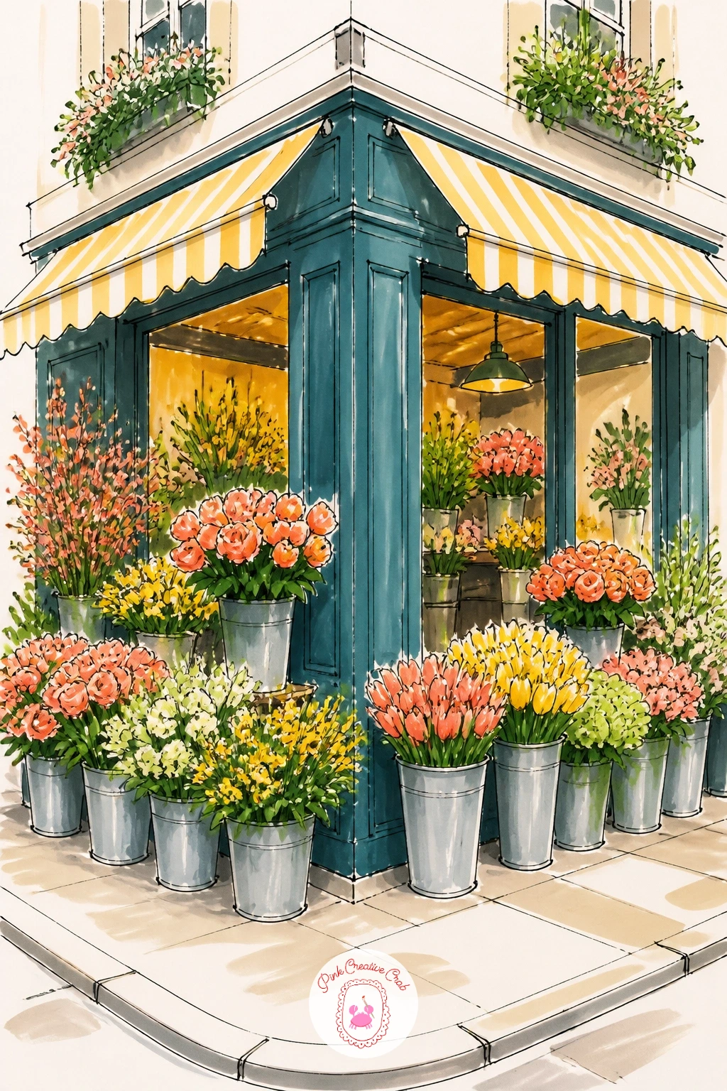 Corner Flower Shop With Sidewalk Buckets — Start your flower shop drawing series with the classic corner shop, since it teaches the whole formula you will